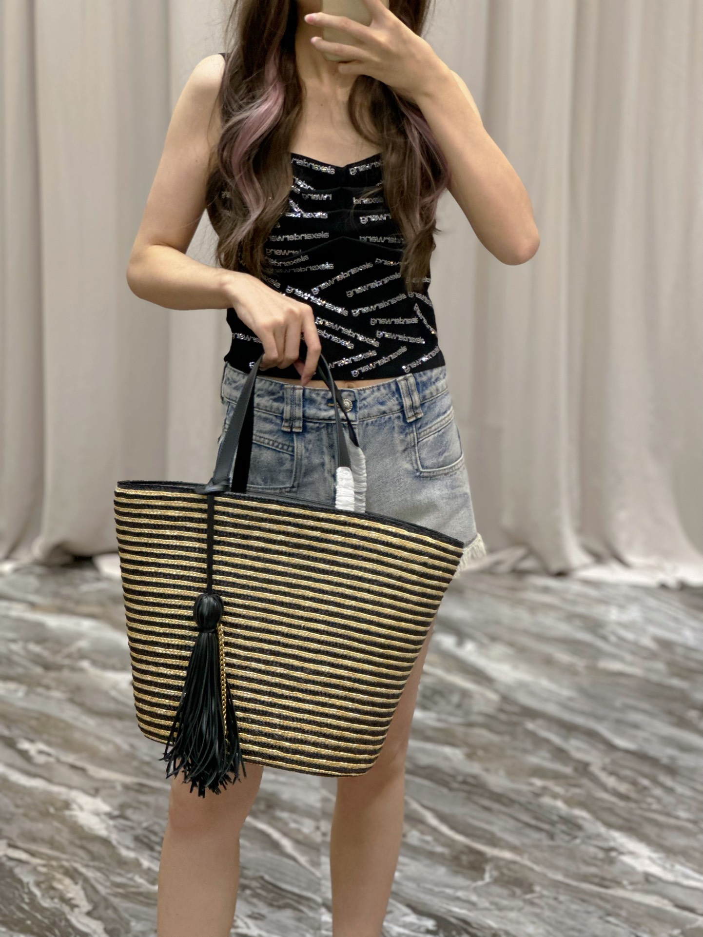 TOP Yves Saint Laurent YSL Black Apricot Stripes Straw Tote Bag