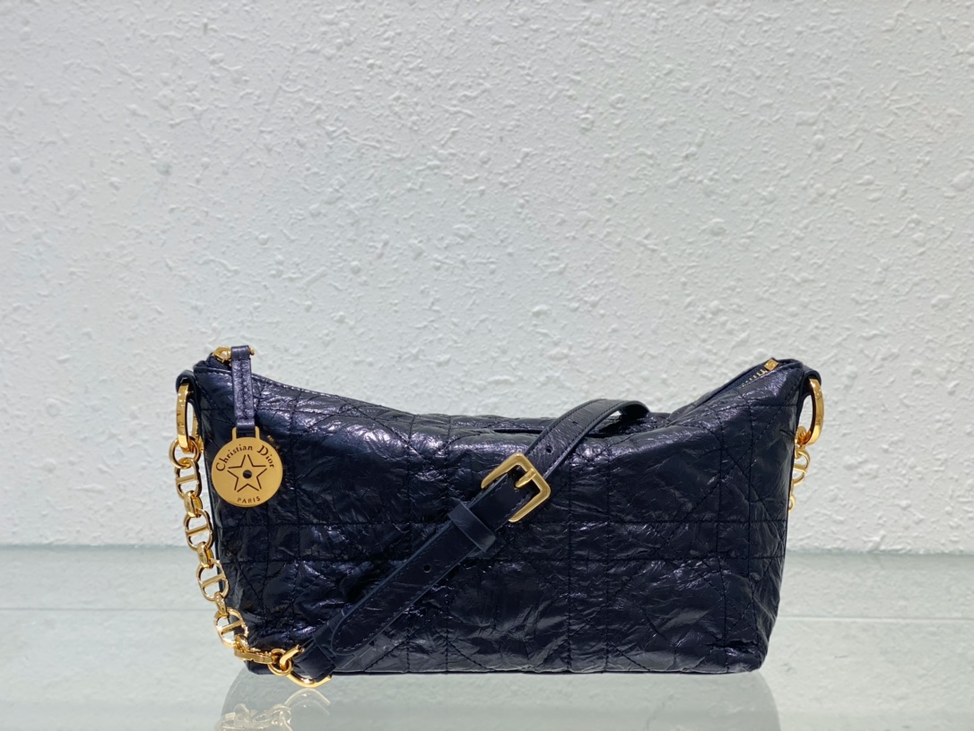 TOP Christian Dior Folded Calfskin Leather Hobo Bag 28.5x14.5x10cm - Black&GHW