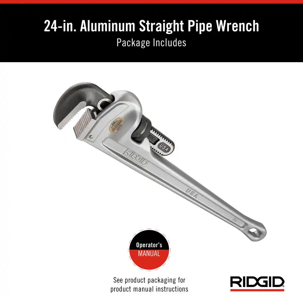 24 in. Aluminum Straight Pipe Wrench for Plumbing, Sturdy Plumbing Pipe Tool with Self Cleaning Threads and Hook Jaws