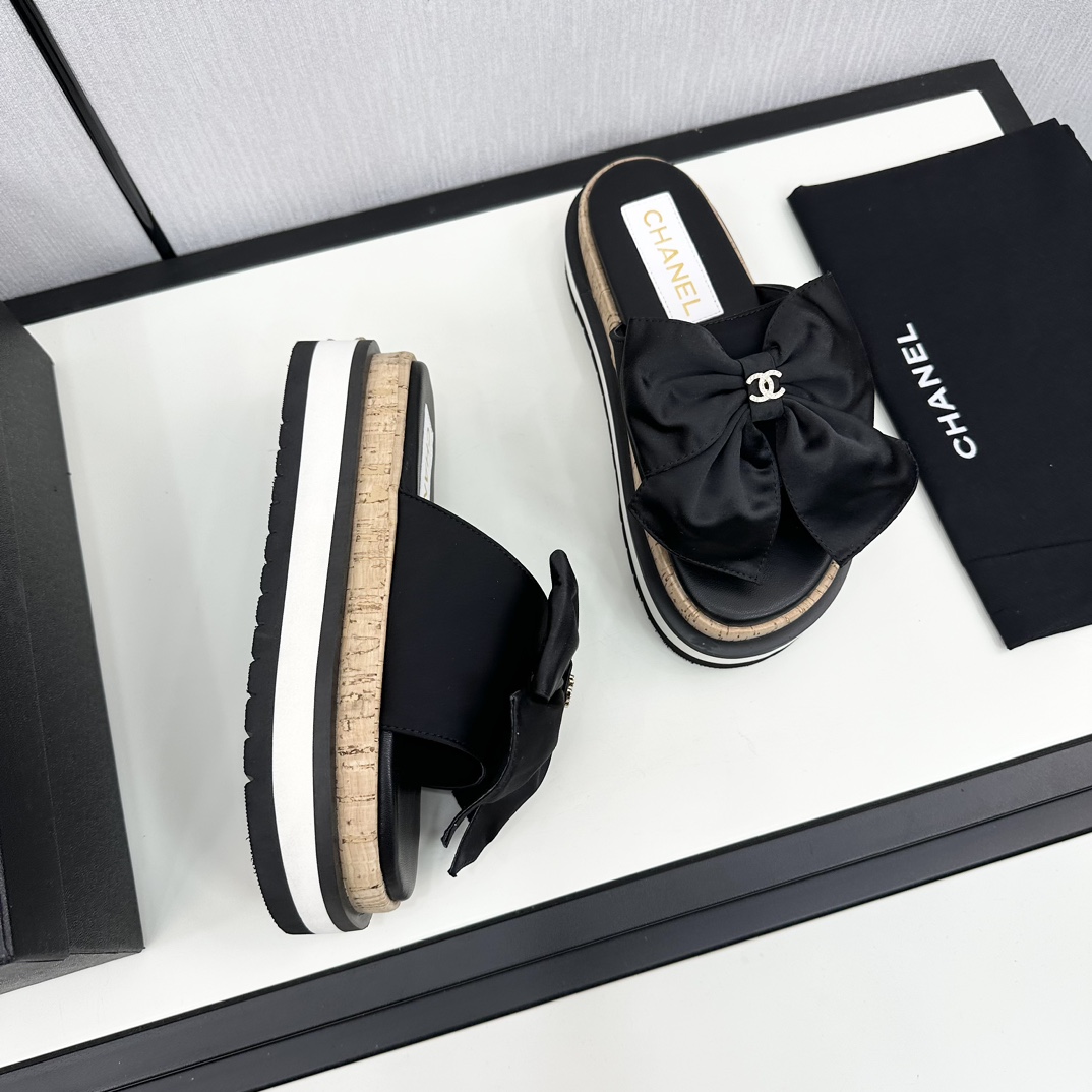 TOP CHANEL Platform Slippers with Big Bow - 3 Color