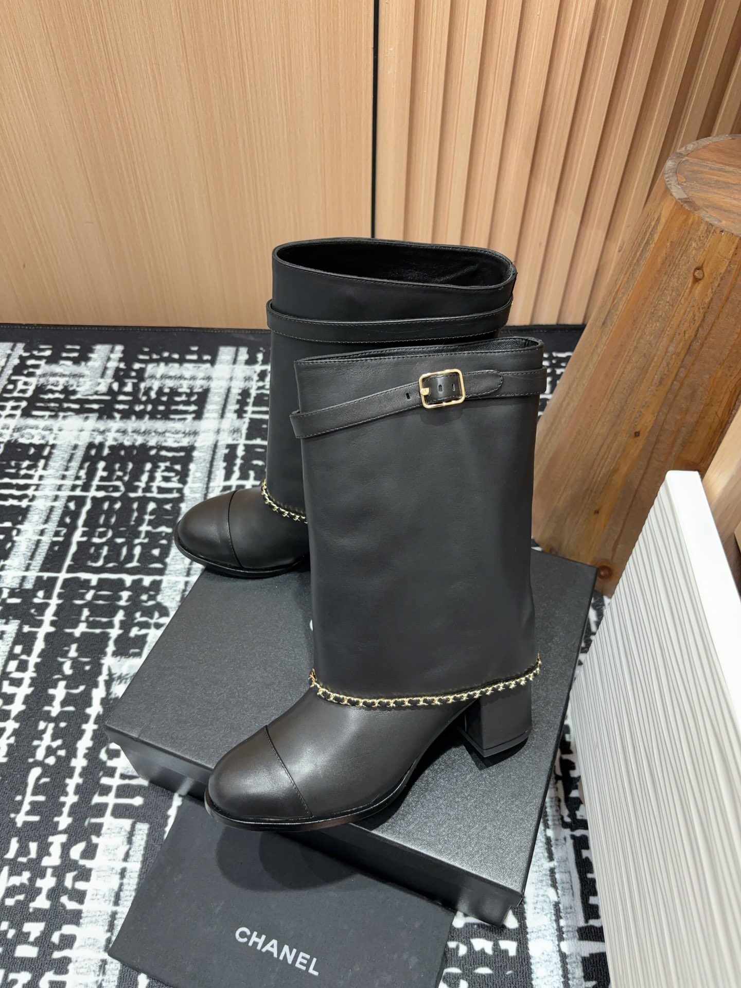 TOP CHANEL Fold-over Chain Calfskin Mid-calf Boots - Black