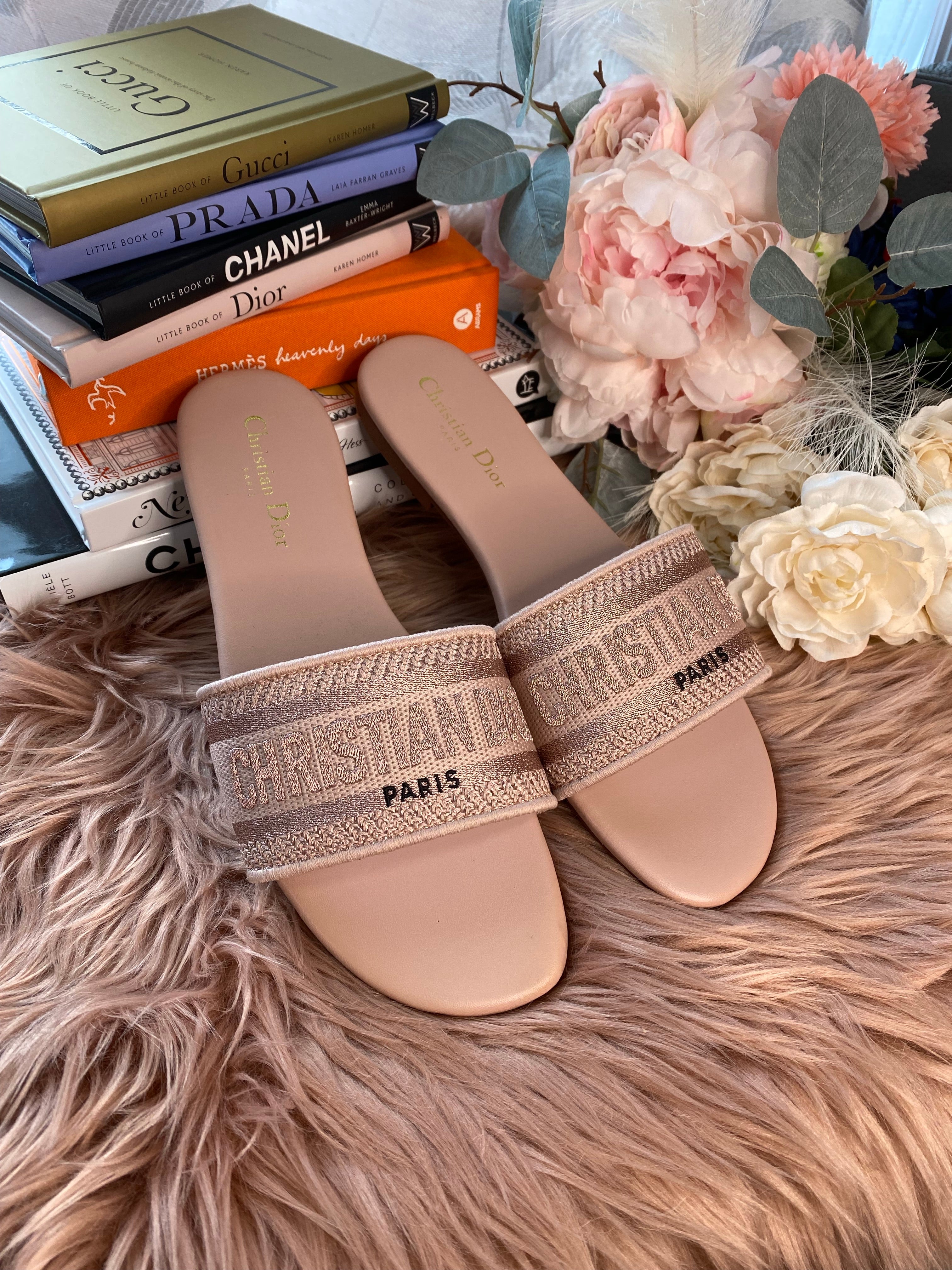 TOP Christian Dior Embroidered Dway Sandals - Light Pink