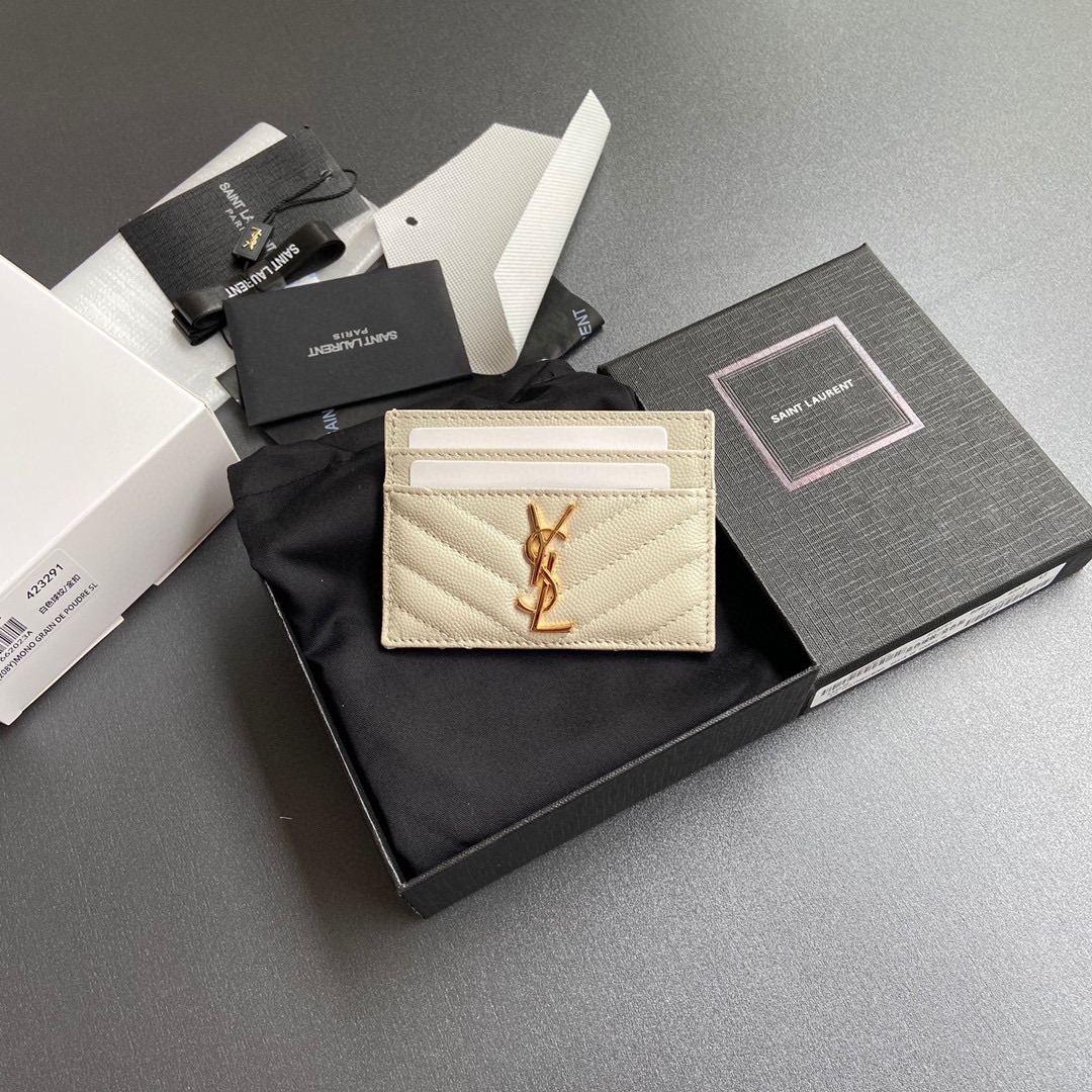 TOP Yves Saint Laurent YSL Calfskin Matelasse Card Holder 10.5x7.5cm - Black/Beige & SHW/GHW