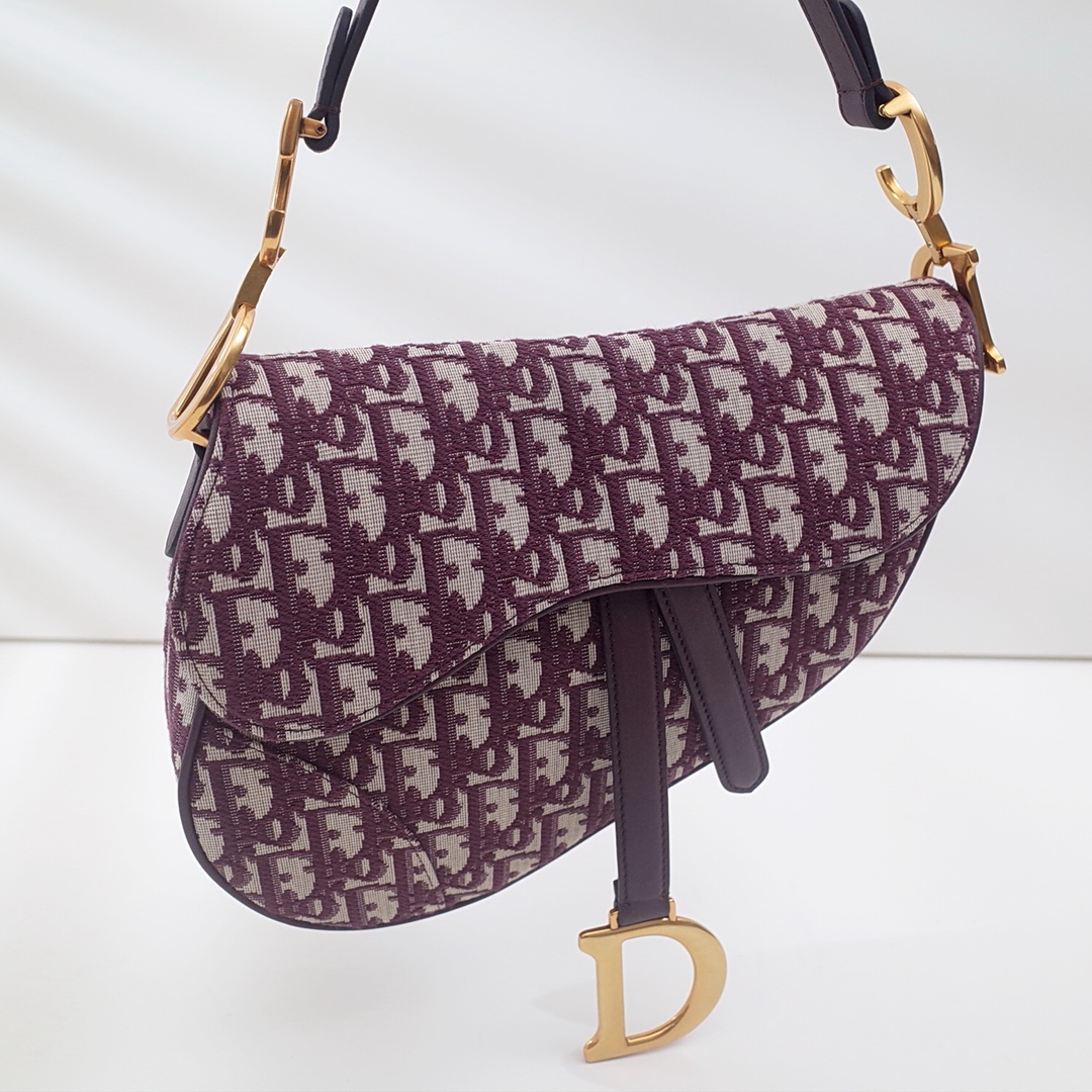 TOP Christian Dior Canvas Saddle Bags 21cm/25.5cm - Wine Red&GHW