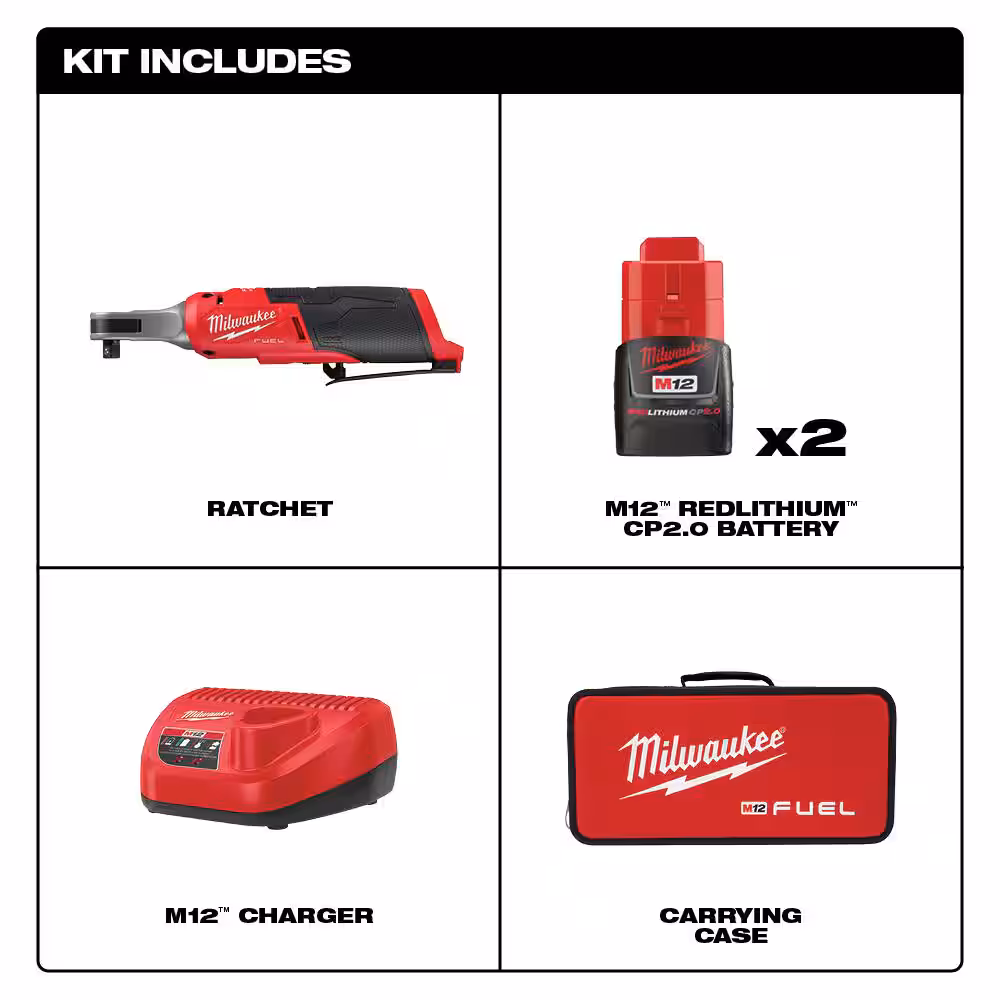 M12 FUEL 12V Lithium-Ion Brushless Cordless High Speed 3/8 in. Ratchet Kit w/(2) Batteries, Charger and Bag