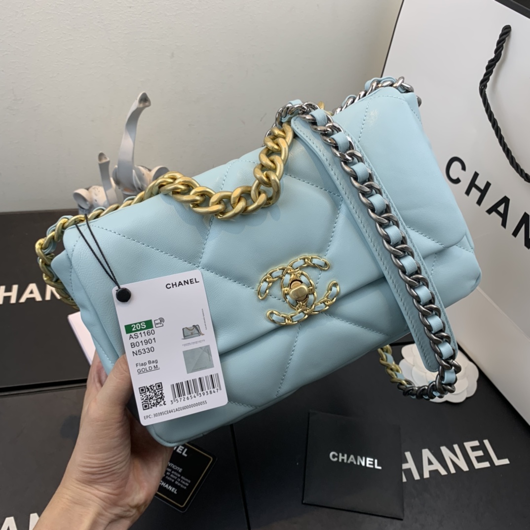 TOP CHANEL Lambskin 19 Bag 26x9x16cm - Light Blue&GHW