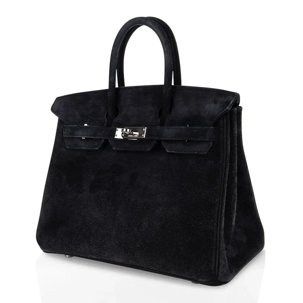 Birkin 25 Bag Black Doblis Suede with Palladium Hardware