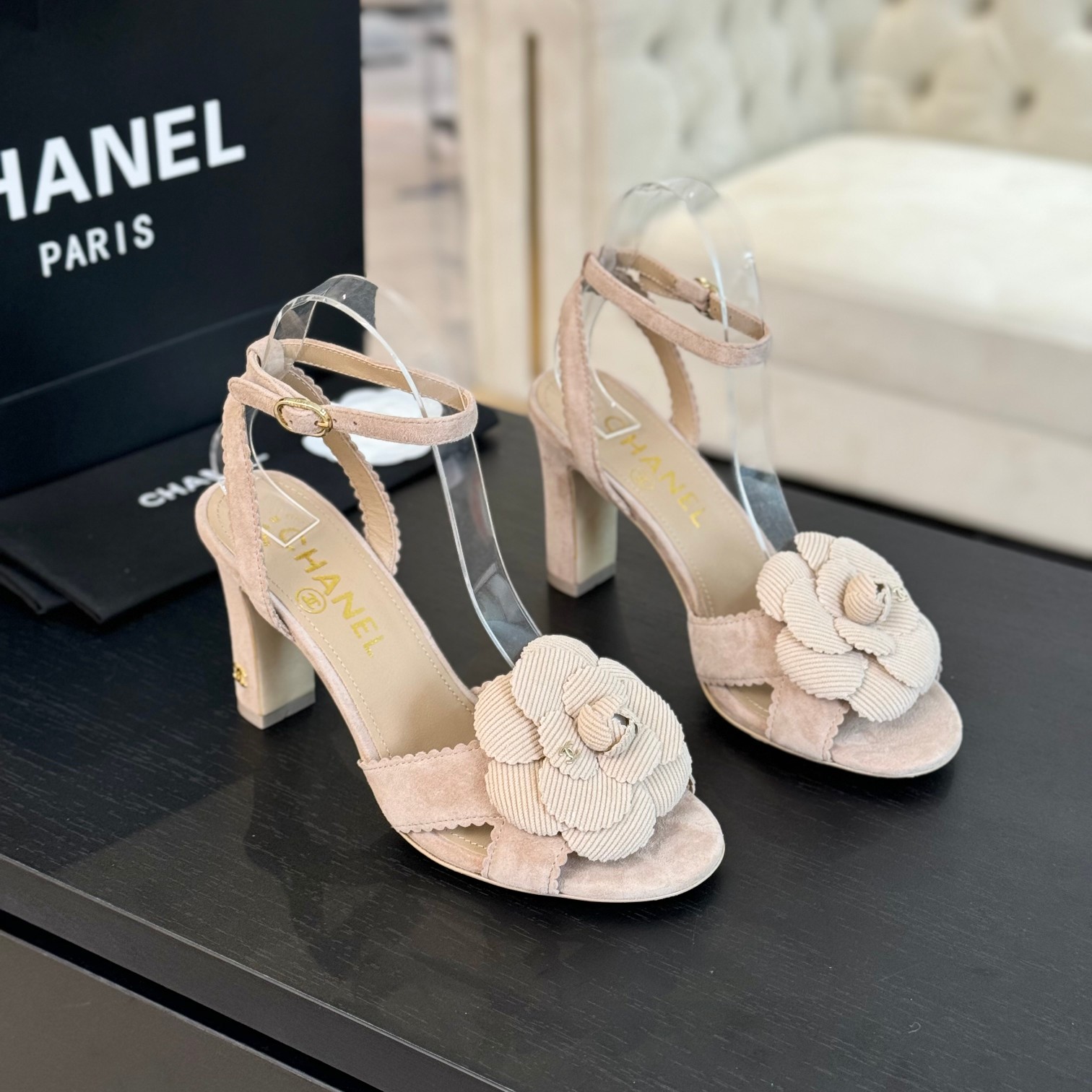 TOP CHANEL 8cm High Heel Camellia Sandals - 3 Color