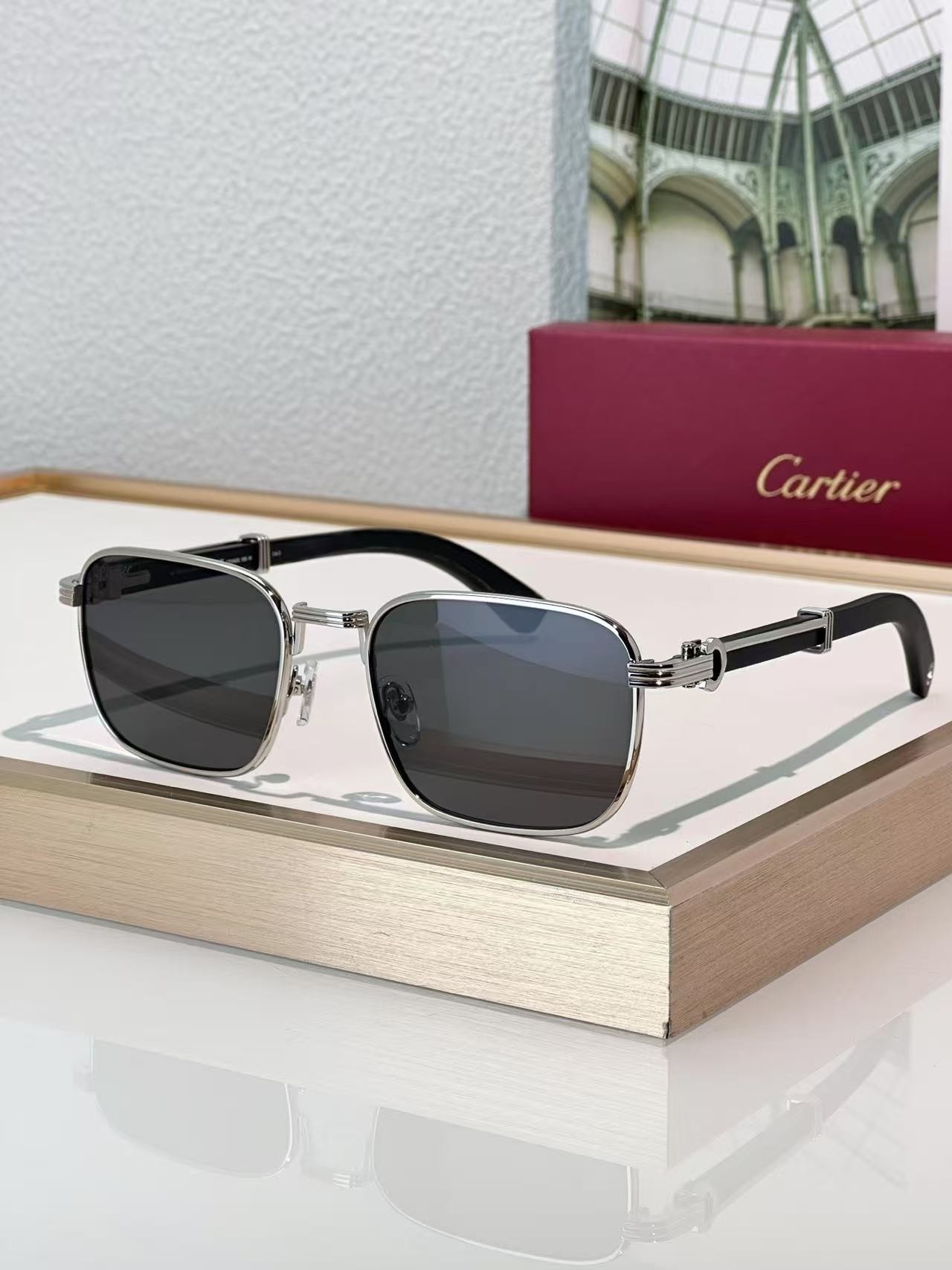Cartier Luxury Retro Square Sunglasses, Metal Hinge Frame, Multi-Material Replaceable Temples Premium Unisex Shades