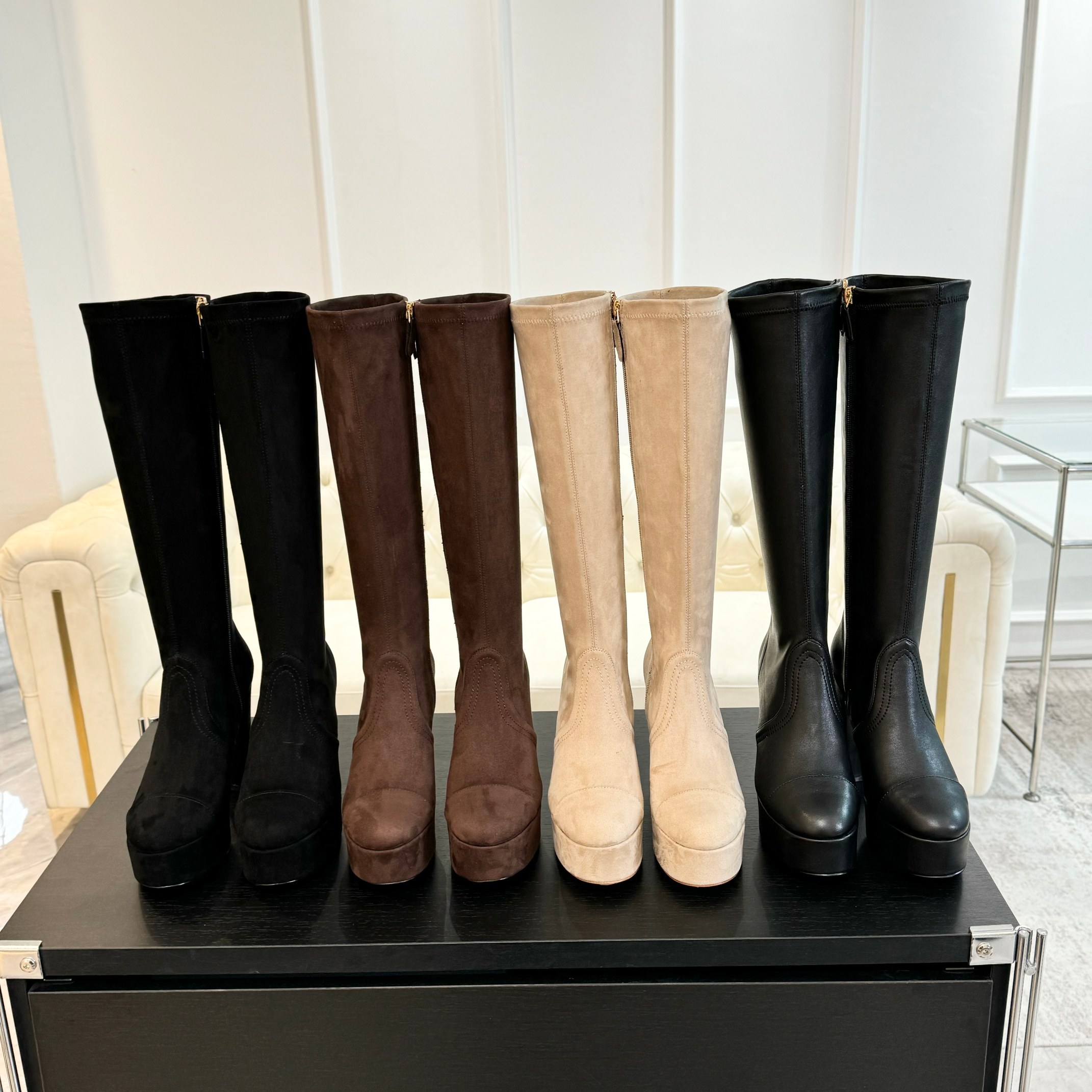 TOP CHANEL 11.5cm High Heel Leather Stretch Boots - 4 Color