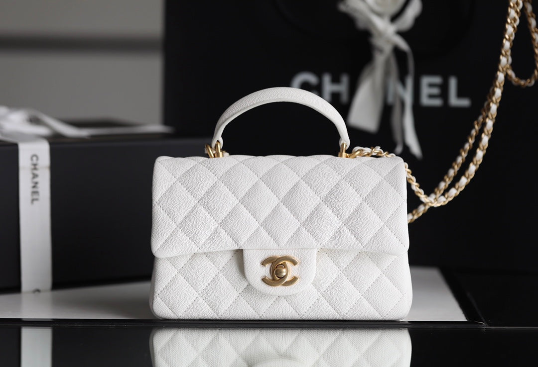 TOP CHANEL Classic Flap Bag Caviar Top Handle Mini 20CM - White & GHW