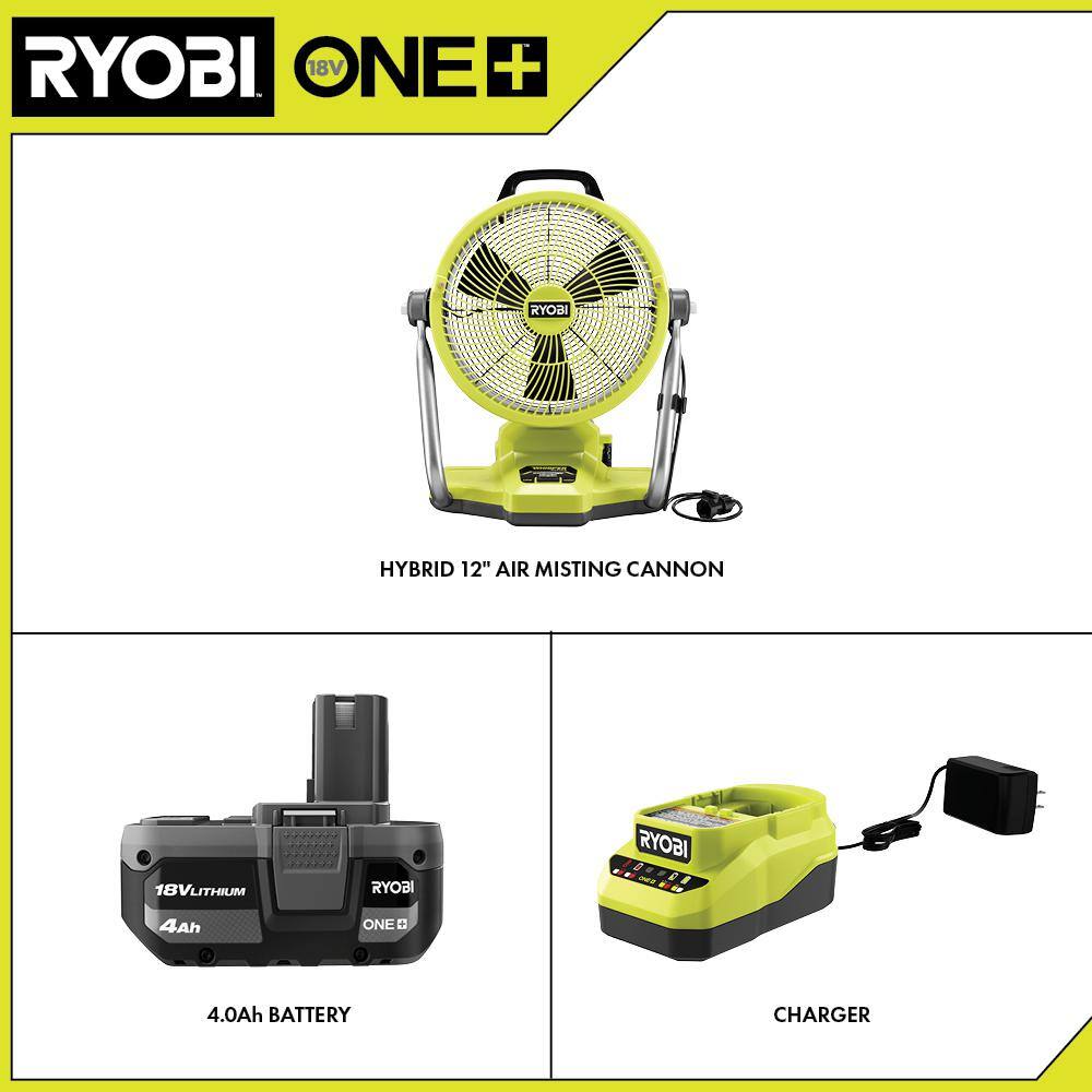 ONE+ 18V Cordless Hybrid WHISPER SERIES 12 in. Misting Air Cannon Fan Kit with 4.0 Ah Battery and Charger