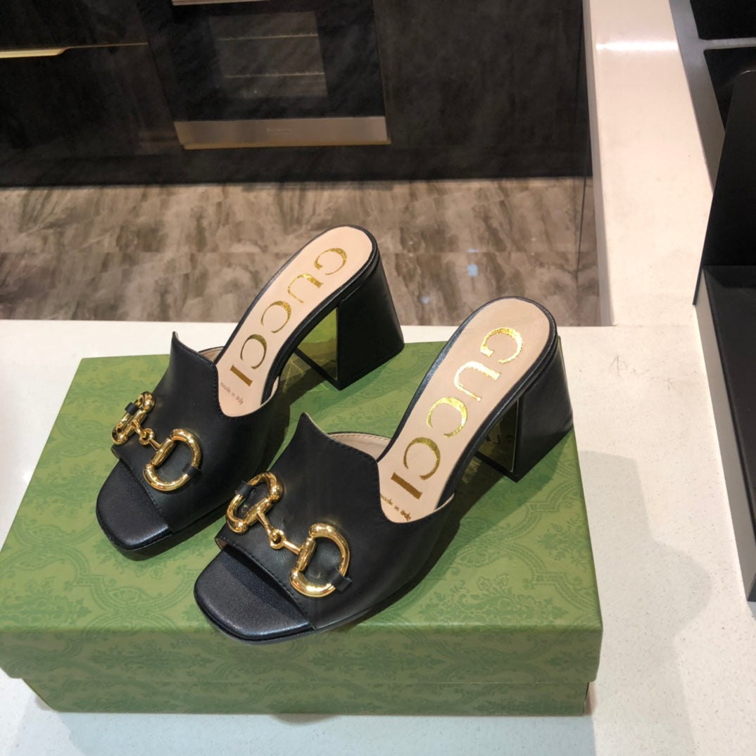 TOP GUCCI G*G Horsebit Slide Sandal Block Heels - Black