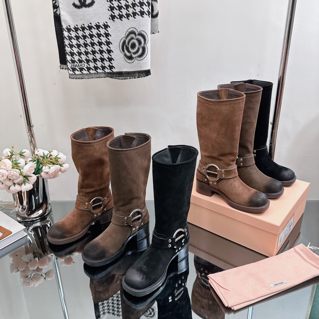 TOP Miu Miu Retro Western Catwalk Motorcycle High Boots - 3 Colors - Suede with 1 Buckle