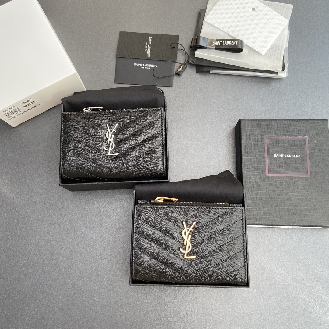 TOP Yves Saint Laurent YSL Calfskin Matelasse Wallet 12x10x3cm - Black & SHW/GHW