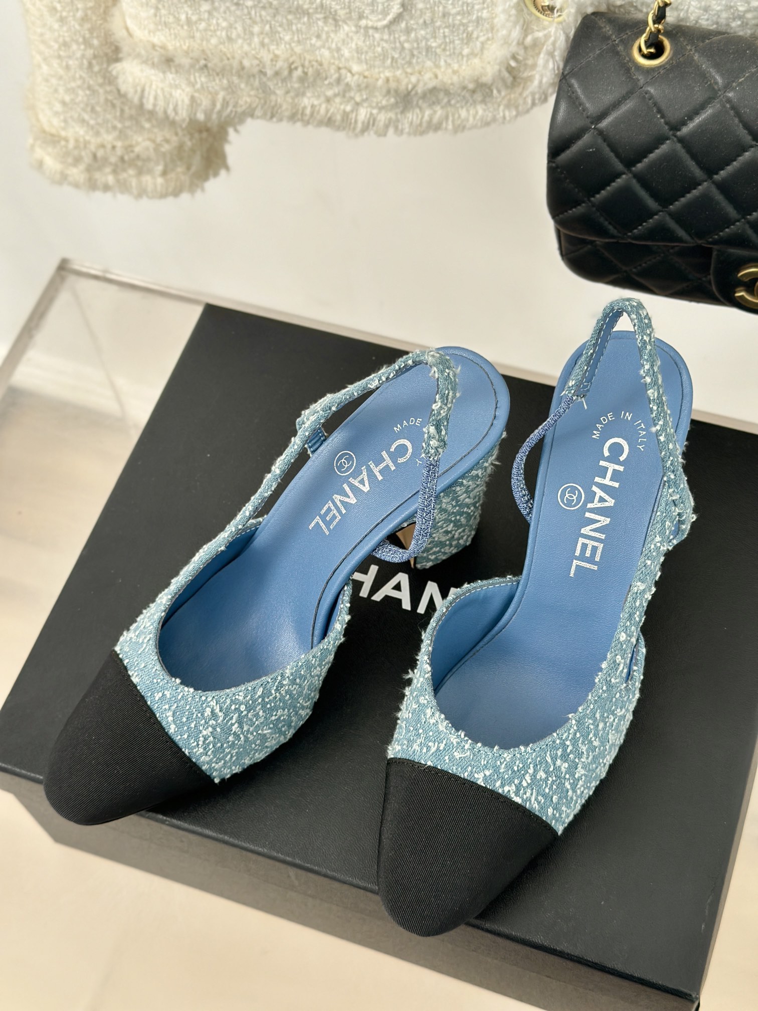 TOP CHANEL Denim High Heel Mules - Blue