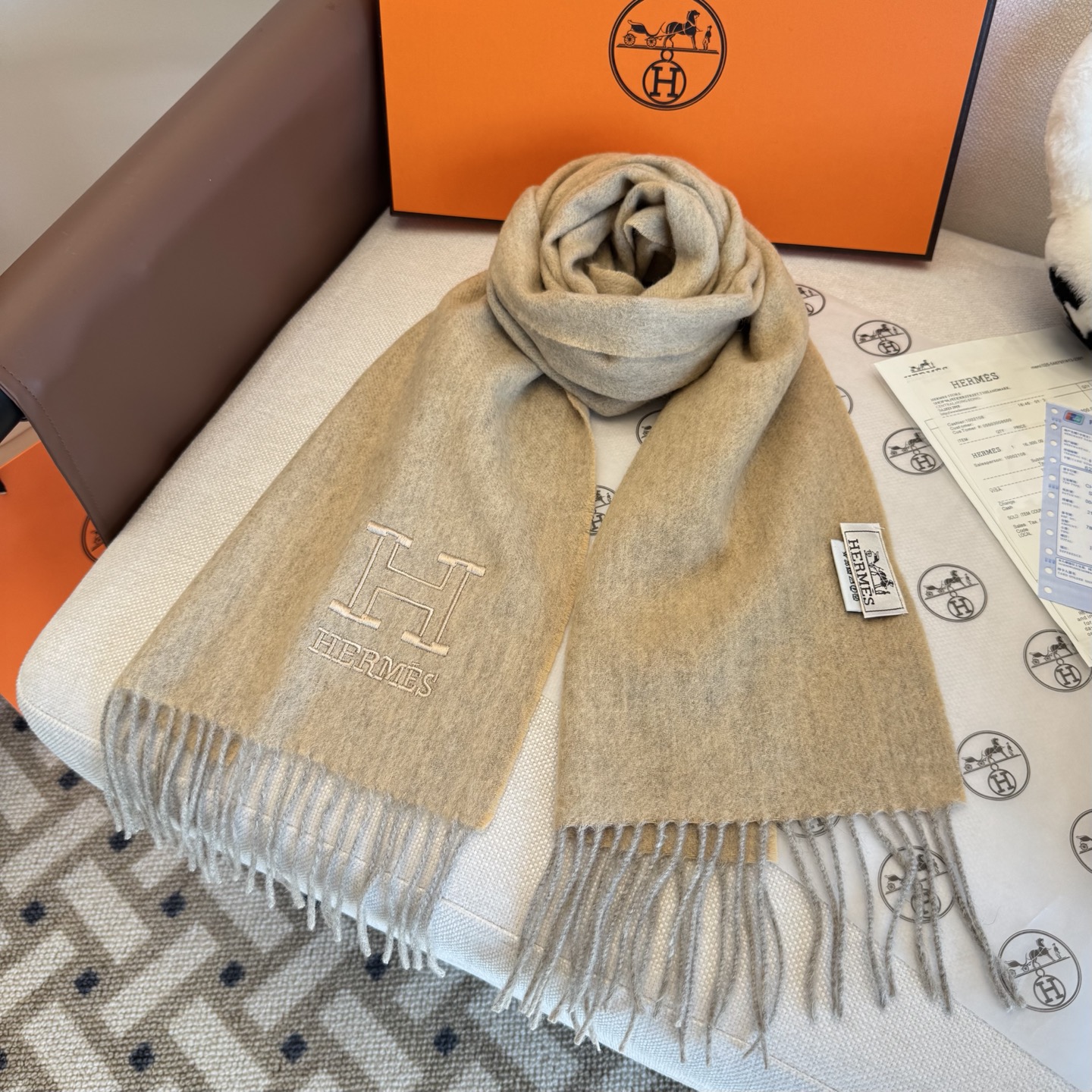 TOP HERMES Scarf with Embroidery Logo 35 x 190 cm - Gray