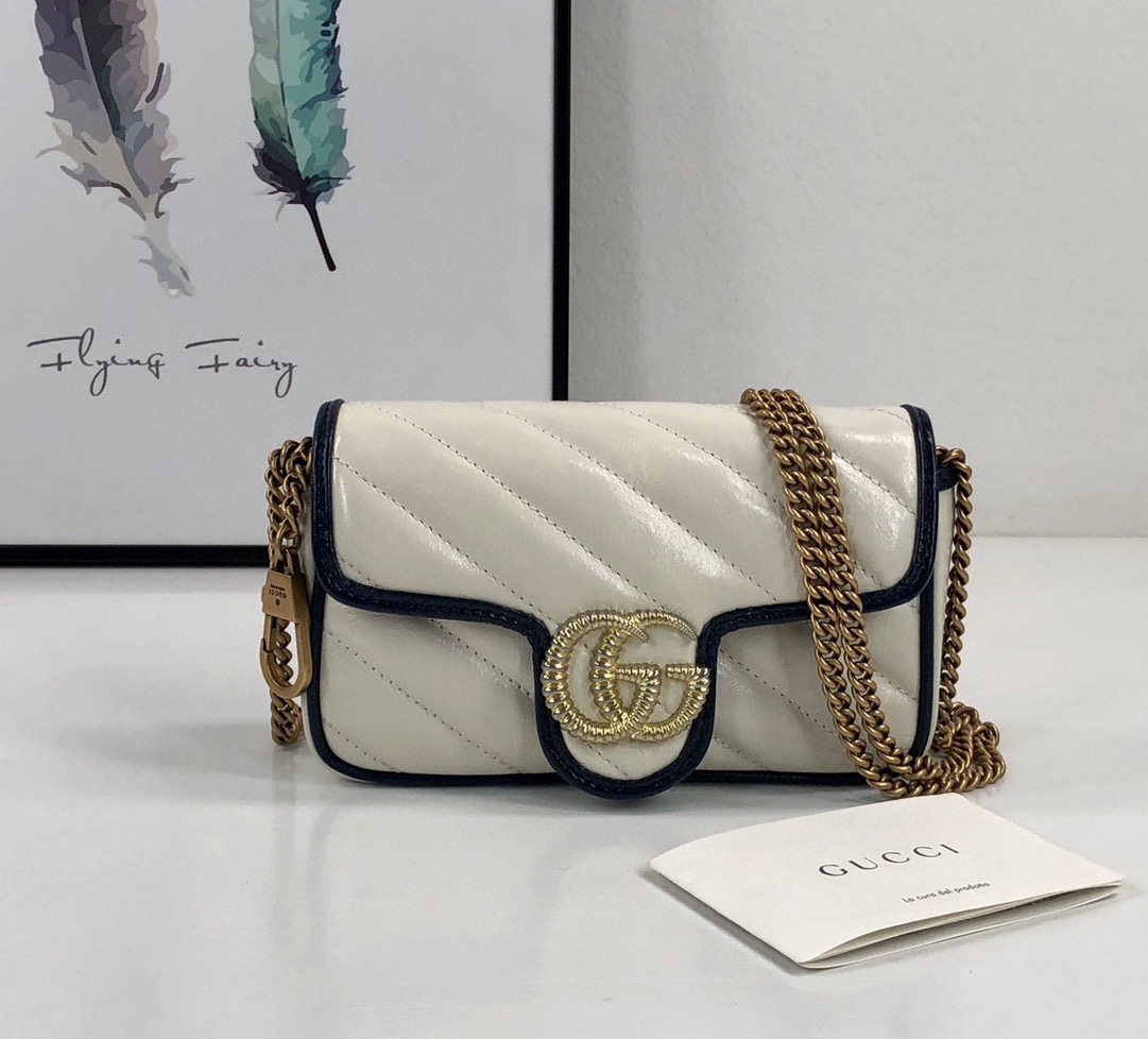TOP GUCCI Leather Super Mini GG Marmont Bags 16.5x10x4.5cm - Off white & GHW