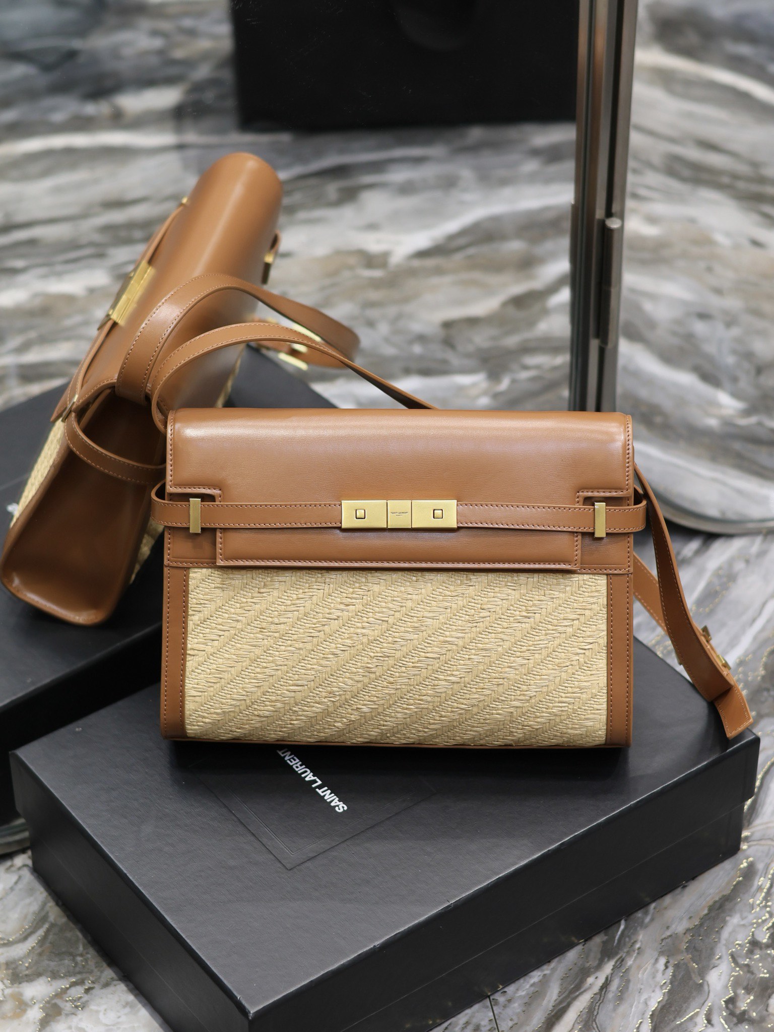 TOP Yves Saint Laurent YSL Manhattan Flip Top Baguette Weaving Bag - Natural Yellow