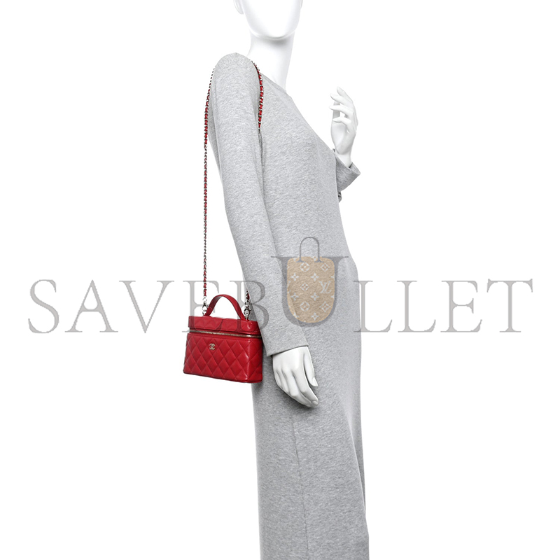 CHANEL MASTER CAVIAR QUILTED TOP HANDLE SLIM VANITY WITH CHAIN RED (19*11*5cm)