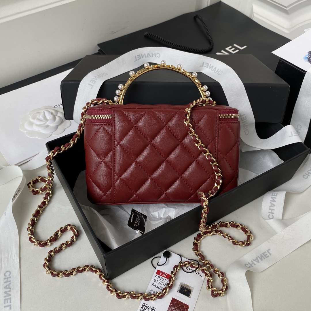 TOP CHANEL Vanity Case New Top Handle w Logo Lambskin 17*9.5*8cm - Dark Red