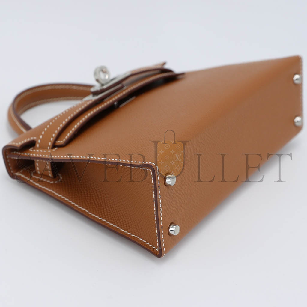 HERMÈS MINI KELLY SECOND GENERATION GOLDEN BROWN EPSOM SILVER BUCKLE (19*12*5.5cm)