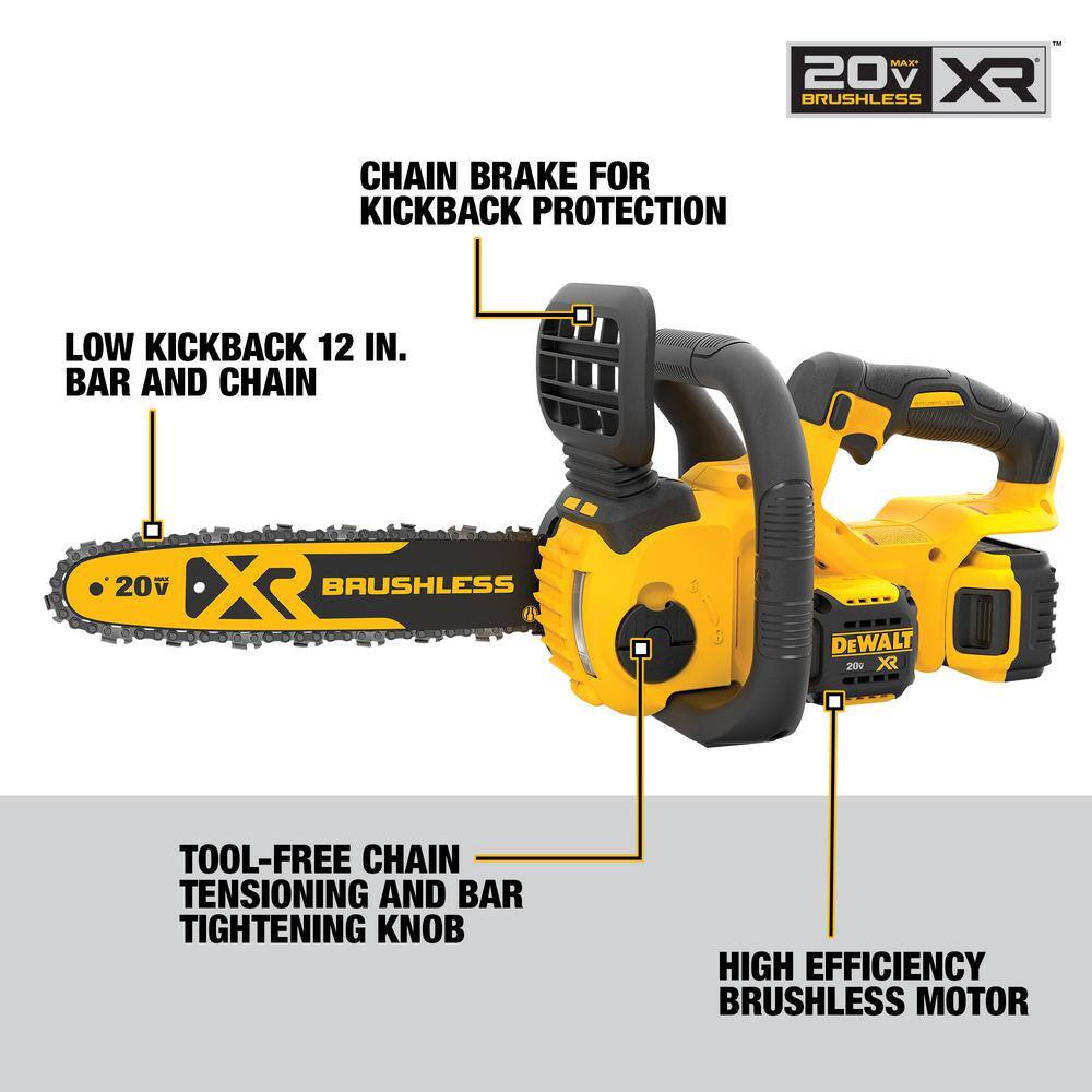 20V MAX 12in. Brushless Battery Powered Chainsaw Kit with (1) 5Ah Battery, Charger & Case