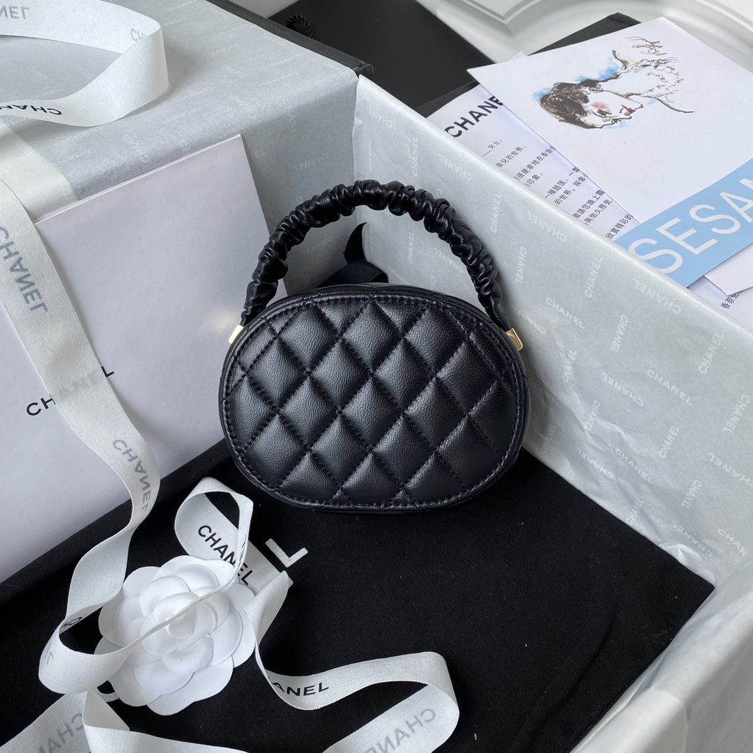 TOP CHANEL Folded Handle Retro Small Round Bag 9.5*13x5.5cm - Black
