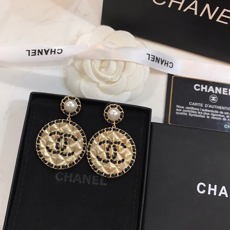 TOP CHANEL Double C Metal Leather Round Stud Earrings - 3 Colors