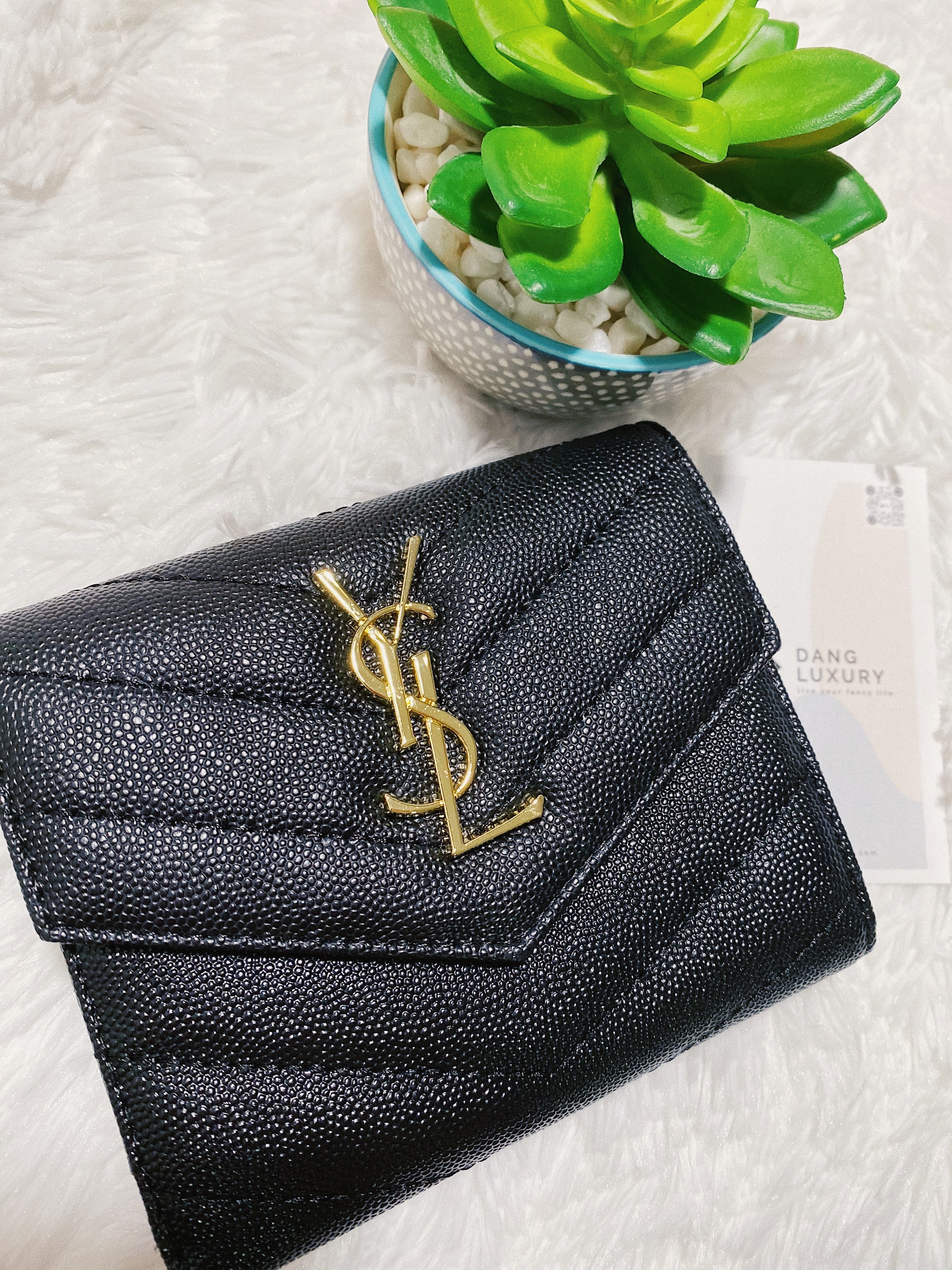 TOP Yves Saint Laurent YSL Compact 3 Fold Quilted Leather Wallet