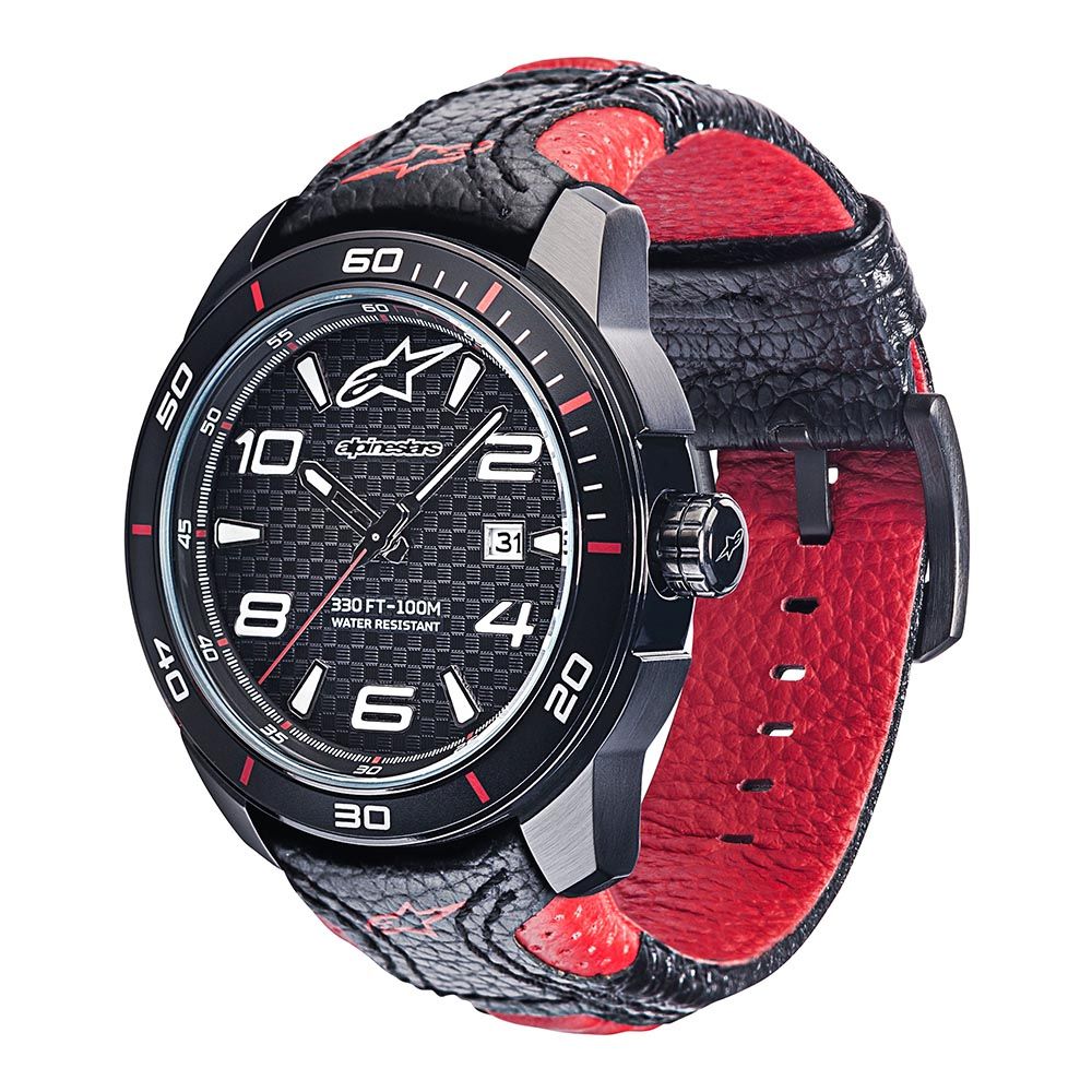 Tech Watch 3H Black Leather-Black/Red