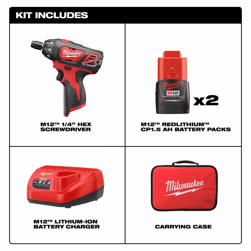 M12 12V Lithium-Ion Cordless 1/4 in. Hex Screwdriver Kit with Two 1.5Ah Batteries, Charger and Tool Bag