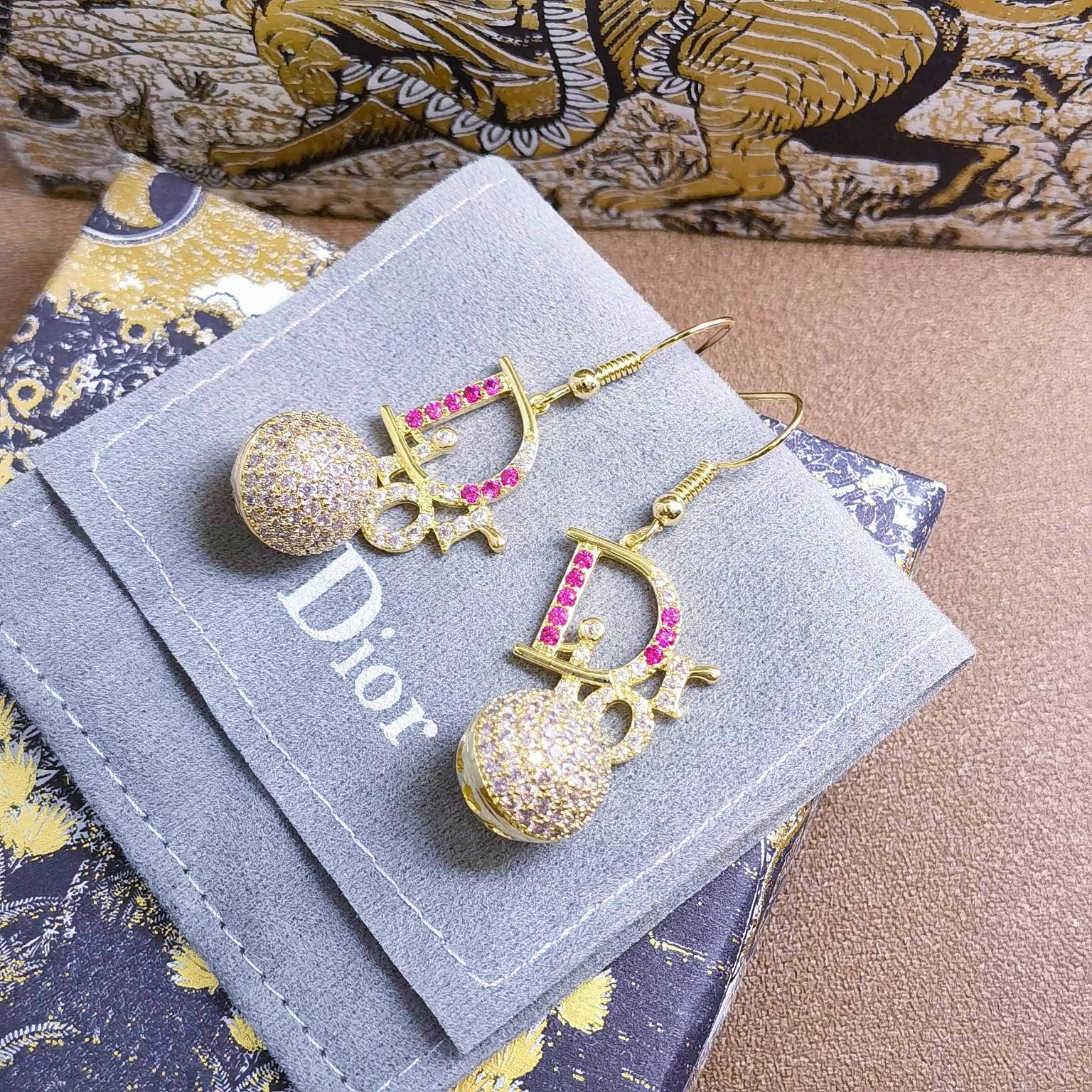 TOP Christian Dior color diamond tassel full diamond logo letter earrings