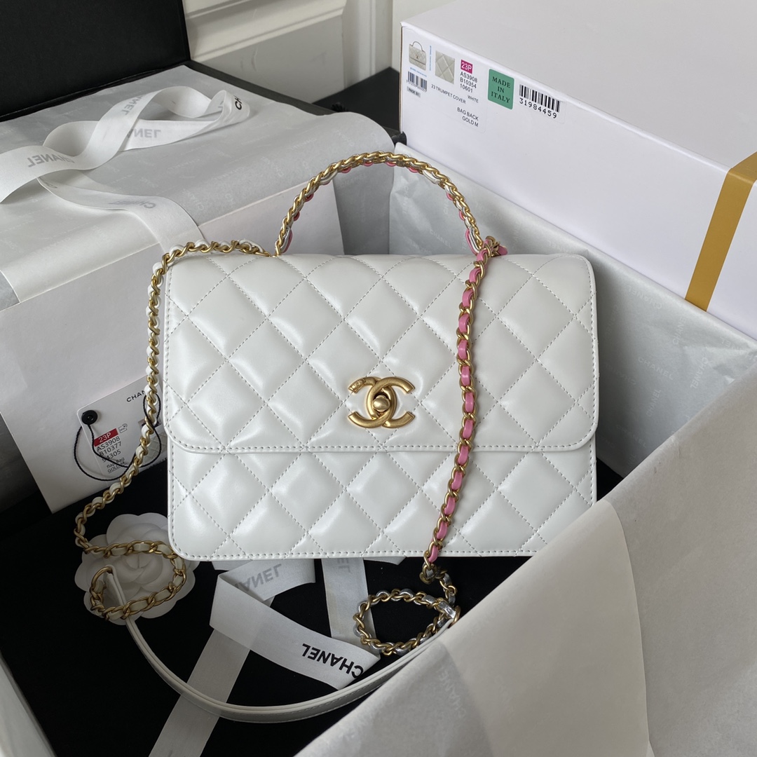 TOP CHANEL CoCo Handle Bag 22X16X9cm - White & GHW