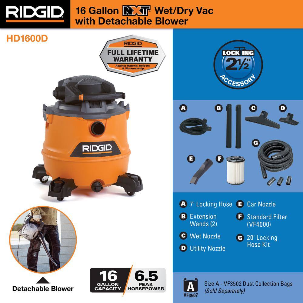 16 Gallon 6.5 Peak HP NXT Shop Vac Wet Dry Vacuum with Detachable Blower, Filter, 7 ft Hose, 20 ft Hose and Accessories