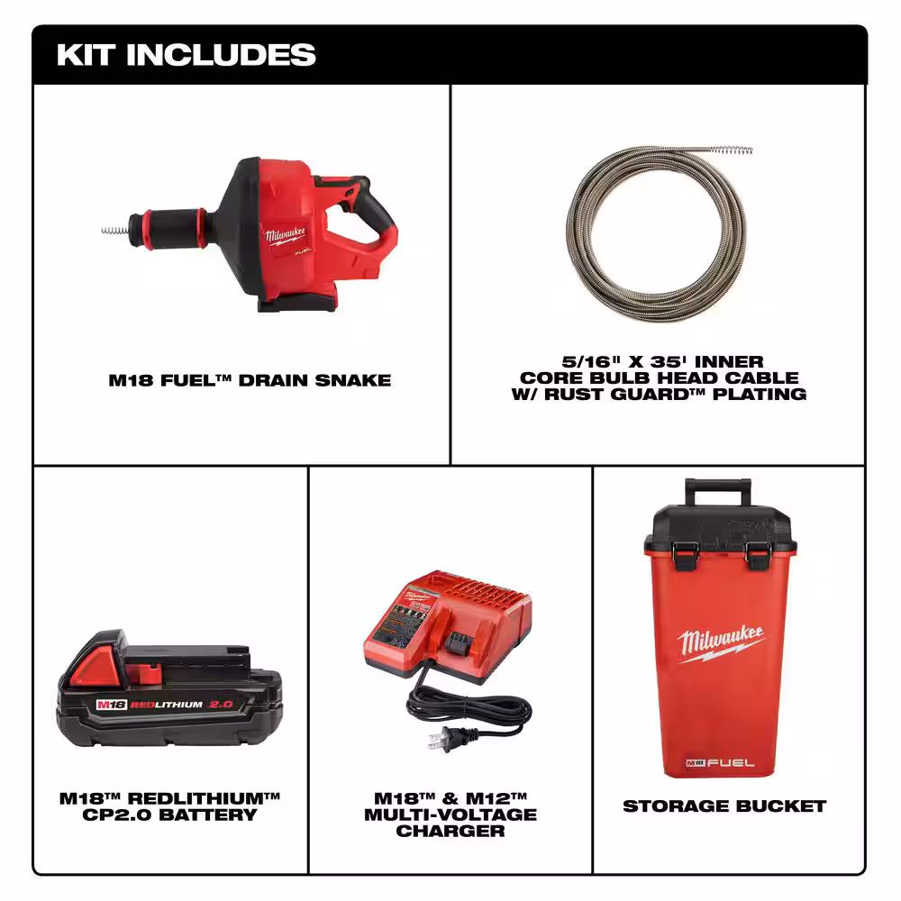 M18 FUEL 18-Volt Lithium-Iron Cordless Plumbing Drain Snake Auger Kit with w/ CABLE DRIVE & 5/16 in. x 35 ft. Cable