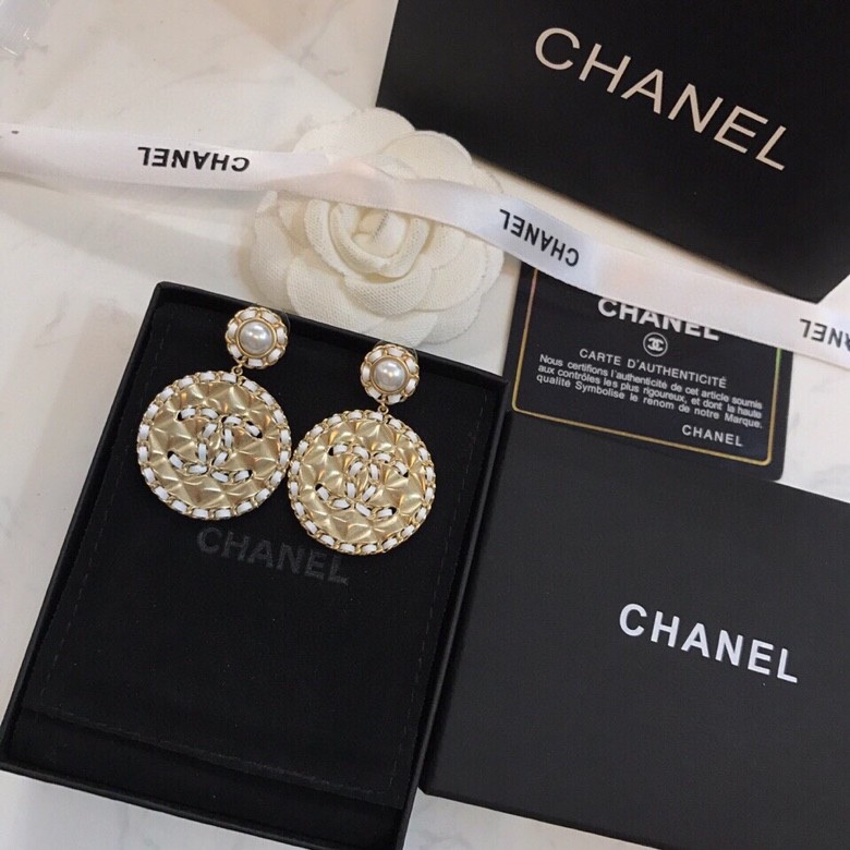 TOP CHANEL Double C Metal Leather Round Stud Earrings - 3 Colors