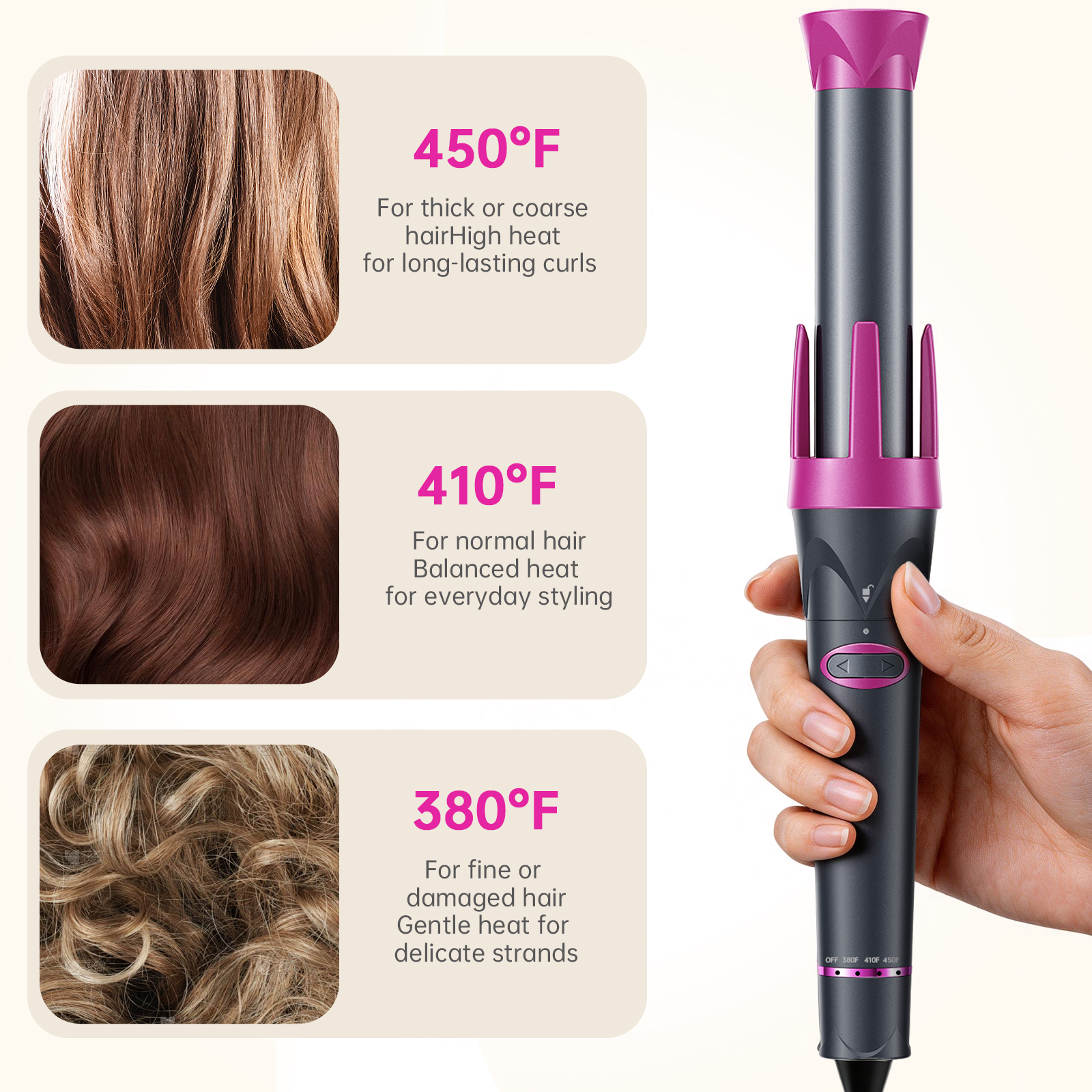 Ecorio Automatic 3 in 1 Hair Curler with 0.75inch/1inch/1.25inch Interchangeable Ceramic Barrels