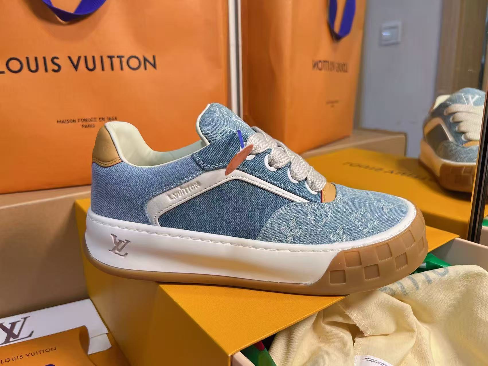 AAAShoes Louis Vuitton Men Women Skate Sneaker, Light Blue Washed Denim Monogram Low‑Top Casual Shoes, Gum Rubber Outsole