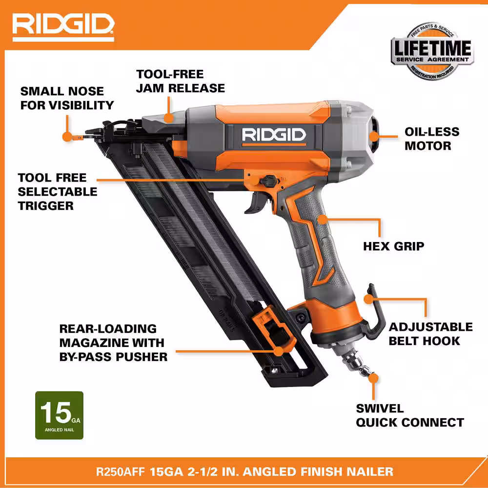 Pneumatic 15-Gauge 2-1/2 in. Angled Finish Nailer with CLEAN DRIVE Technology, Tool Bag, and Sample Nails