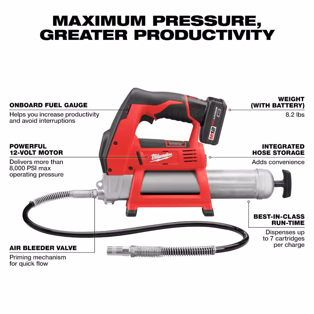 M12 12-Volt Lithium-Ion Cordless Grease Gun Kit with One 3.0 Ah Battery, Charger and Tool Bag with M12 3/8 in. Ratchet