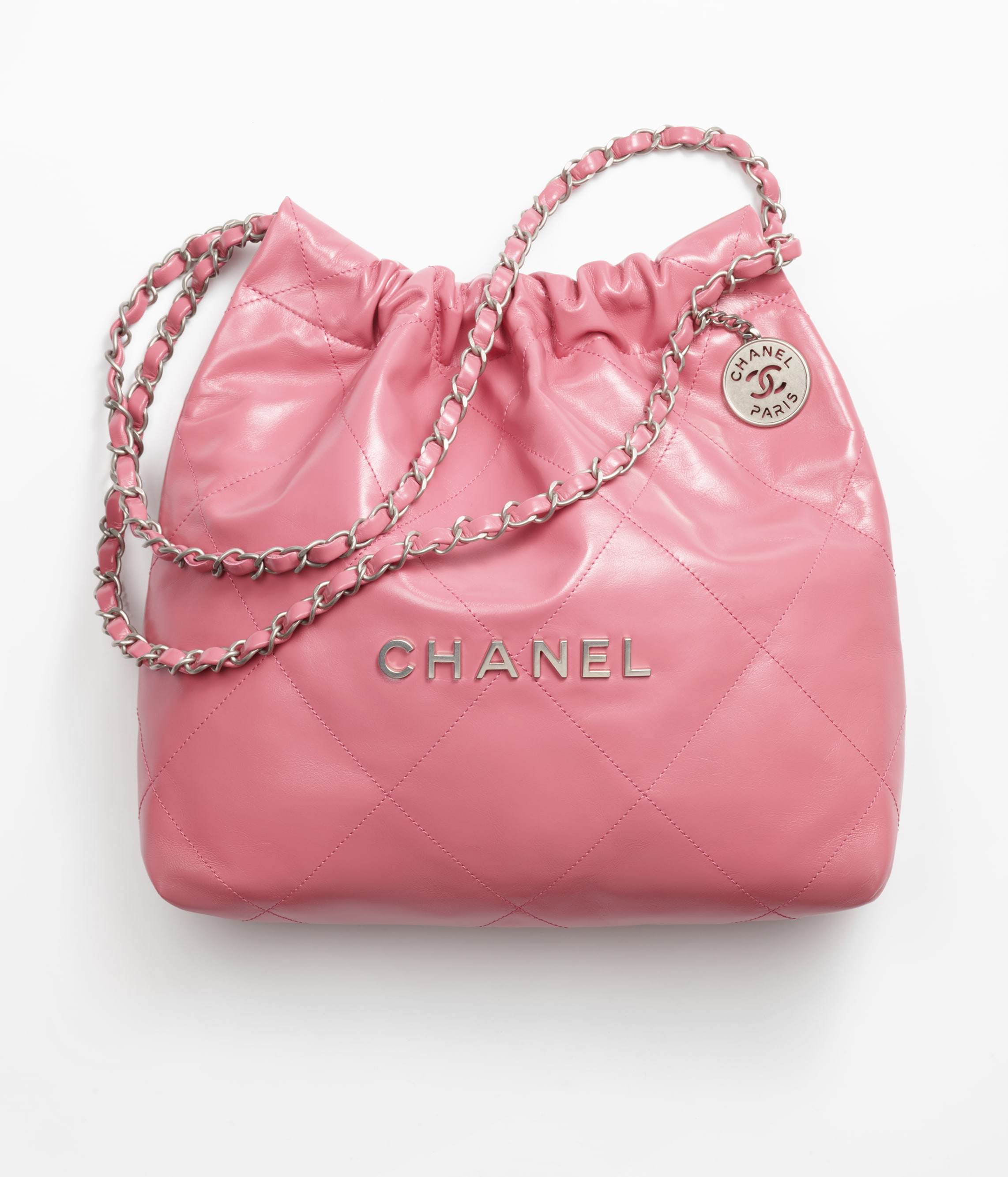 CHANEL 22 SMALL HANDBAG Calfskin & Silver Metal Pink
