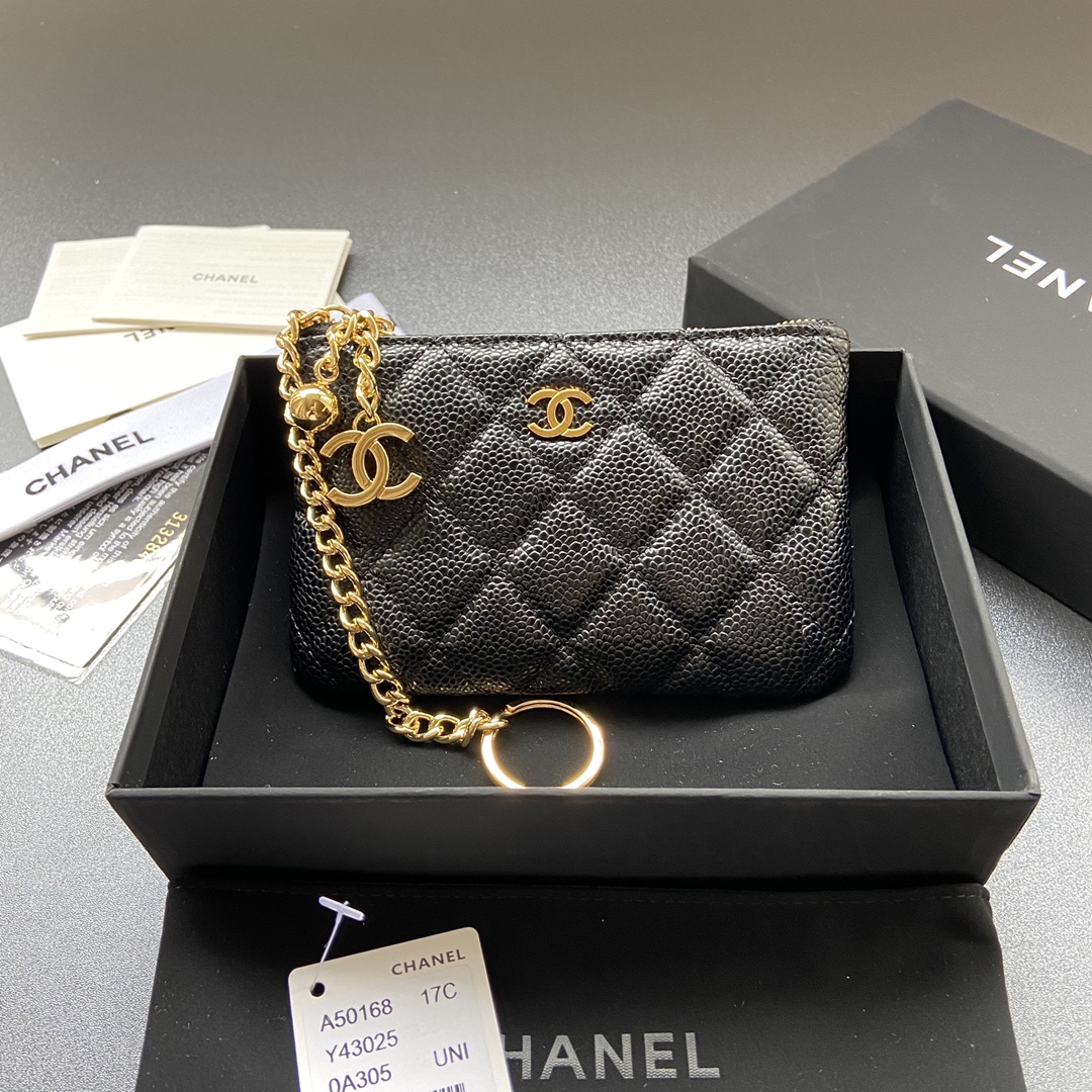 TOP CHANEL Calfskin/Lambskin Wallets 14x9.5cm - Black
