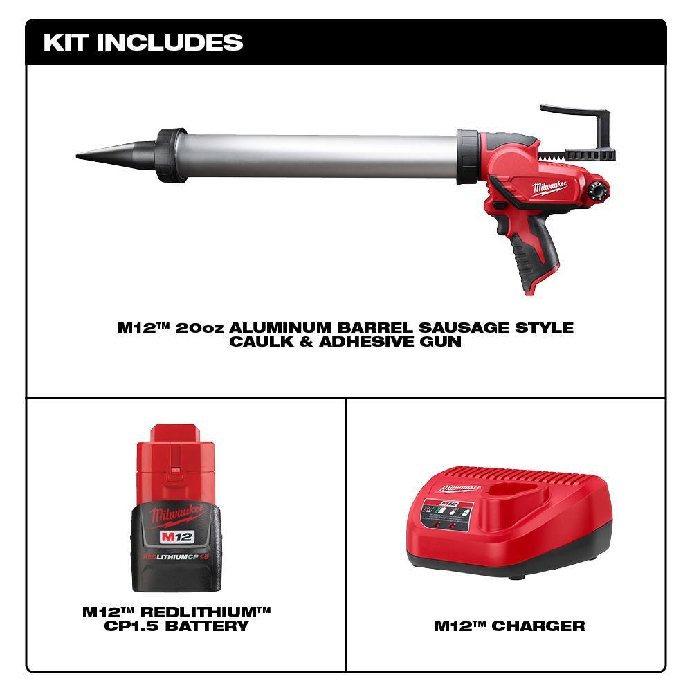 M12 12V Lithium-ion Cordless 20 oz. Aluminum Barrel Adhesive and Caulk Gun Kit with (1) 1.5Ah Battery & Charger