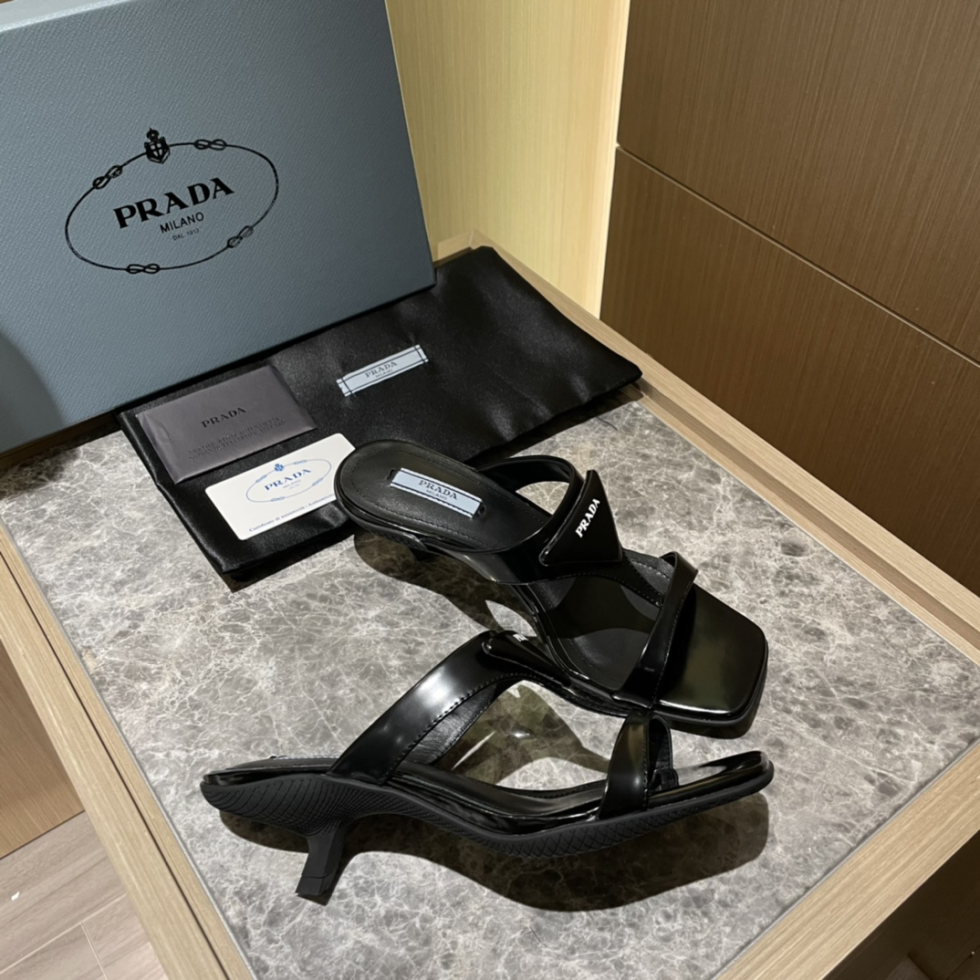 Prada  Polished Leather Sandals Slide  (Replica)