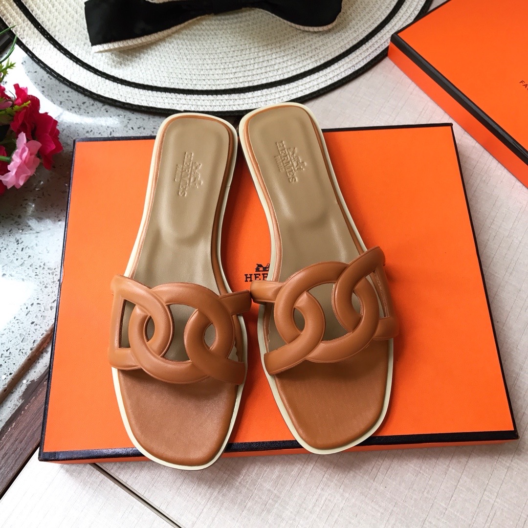 Hermès Aloha  Leather flat Sandals Slide（Replica）