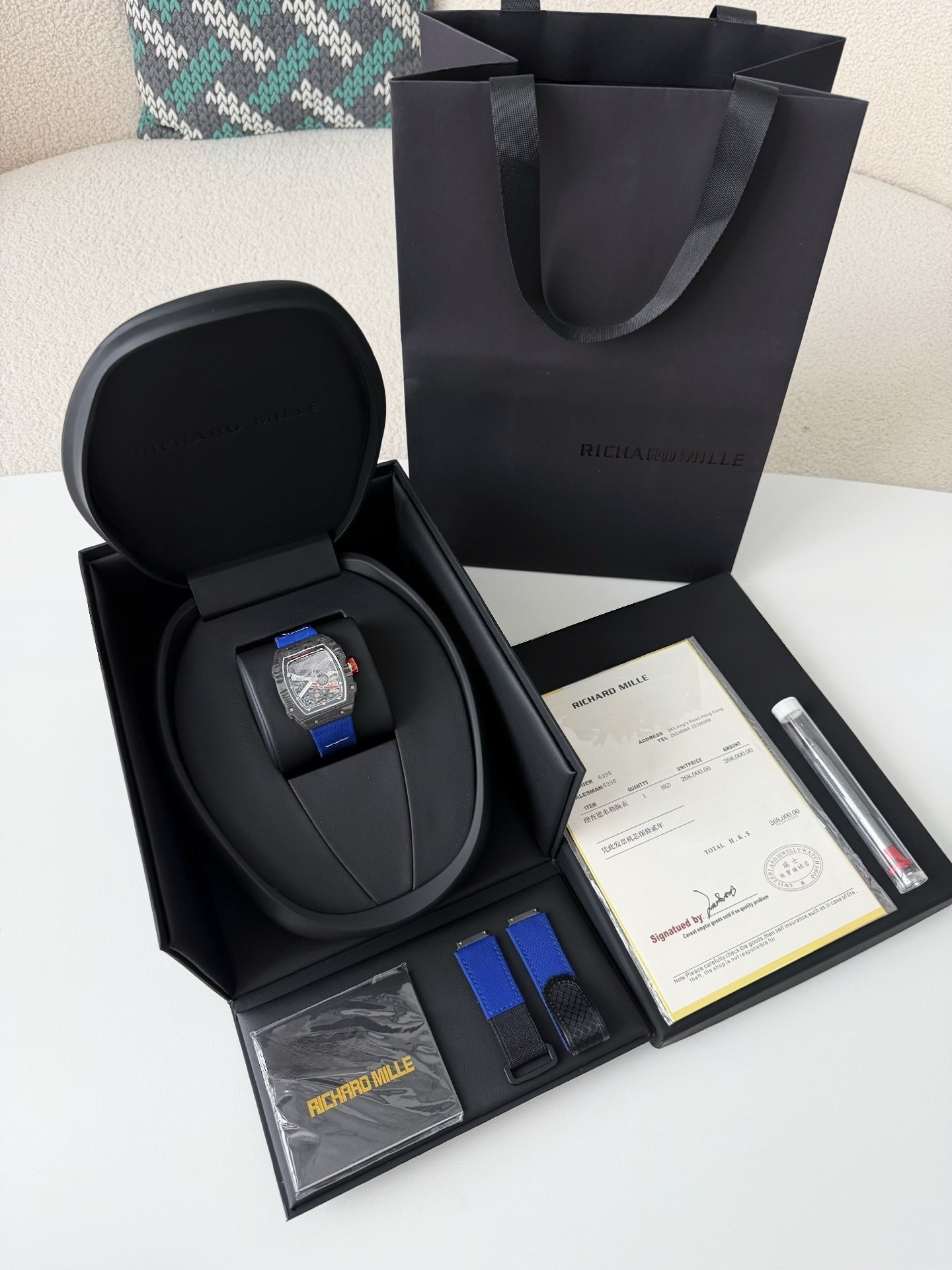 AAAWatch Richard Mille Men's Tonneau Skeleton Automatic Watch, Forged Carbon Case, Blue Fabric Strap Luxury Mechanical Wristwatch With Extra Straps Full Box Set
