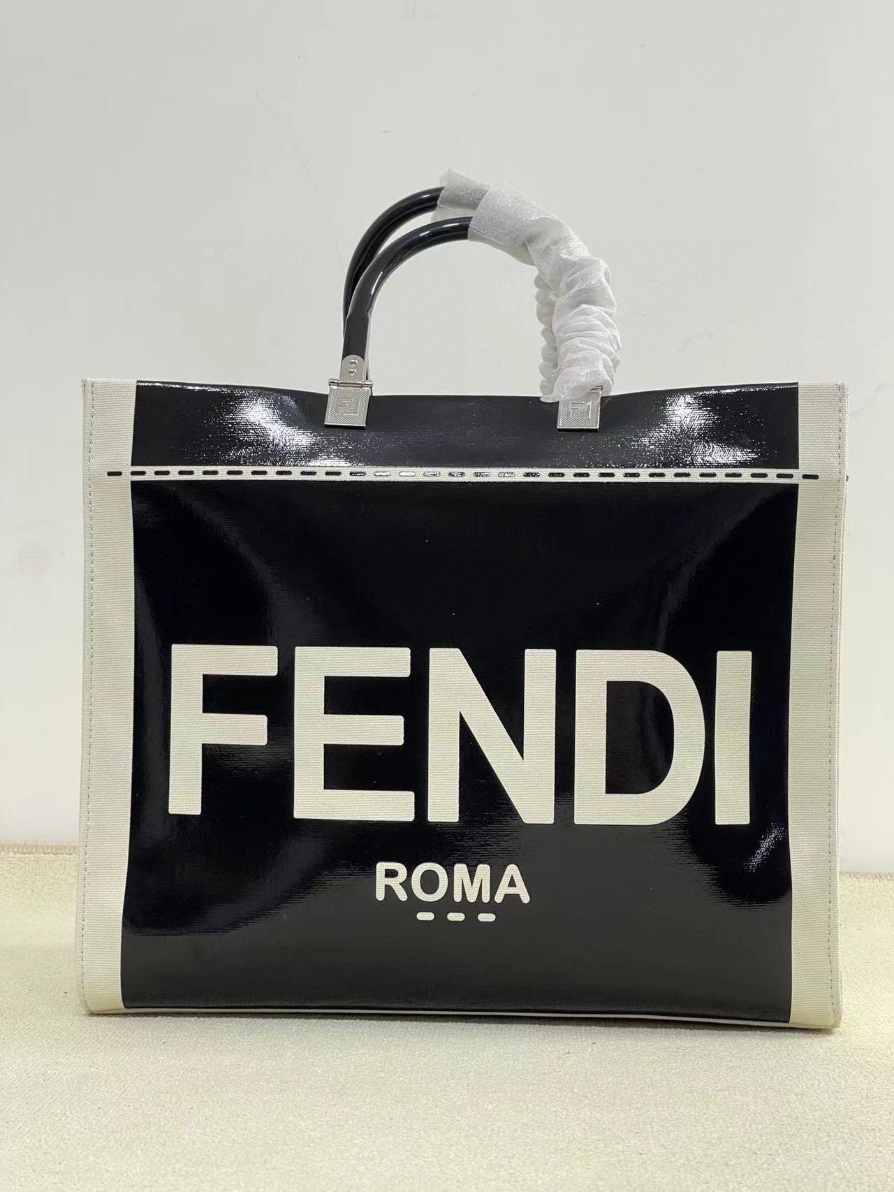 TOP FENDI Natural Canvas Bottom Material Sunshine Tote Bags 35x31x17cm - Black