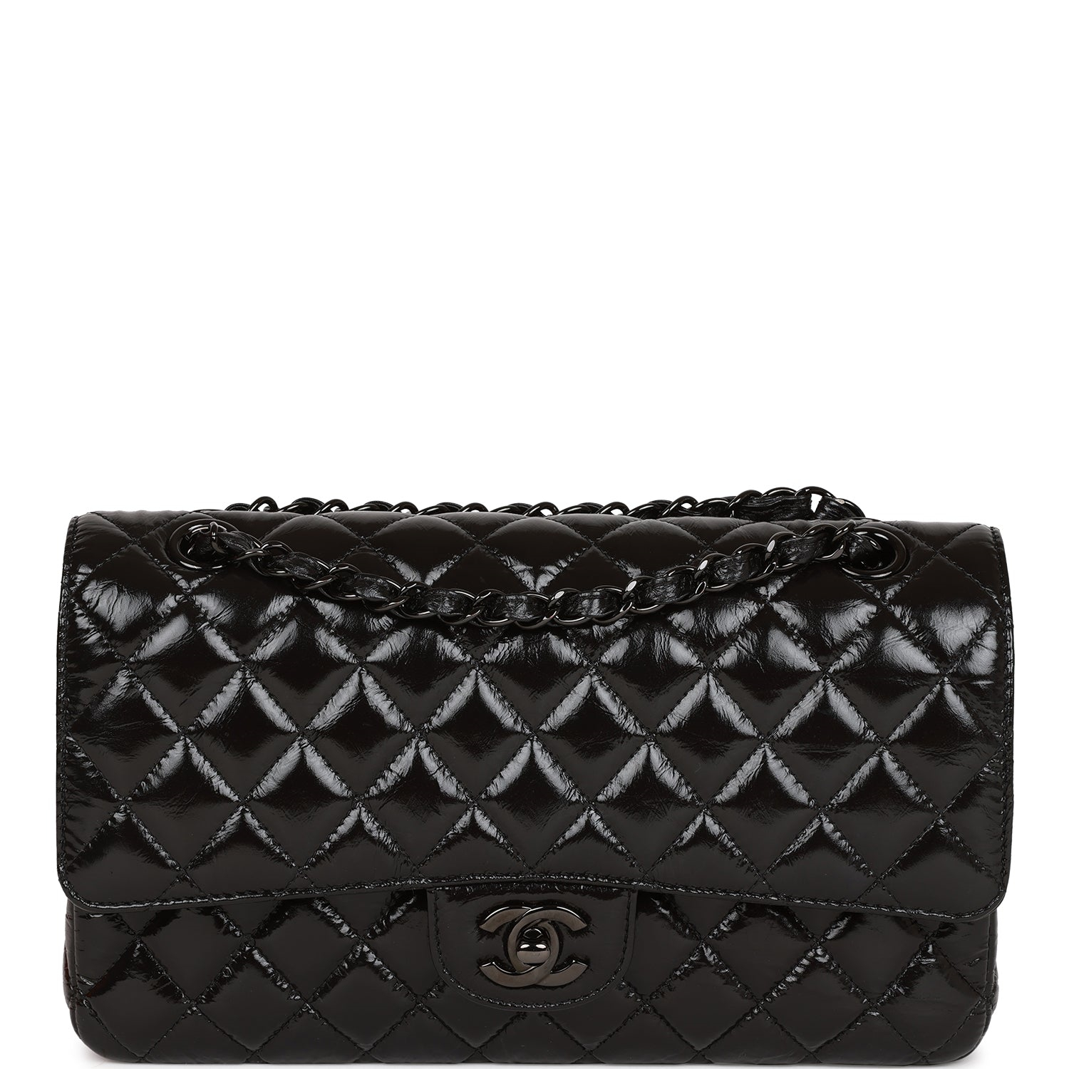 Chanel Shiny Crumpled Calfskin Quilted Medium Double Flap So Black (replica)