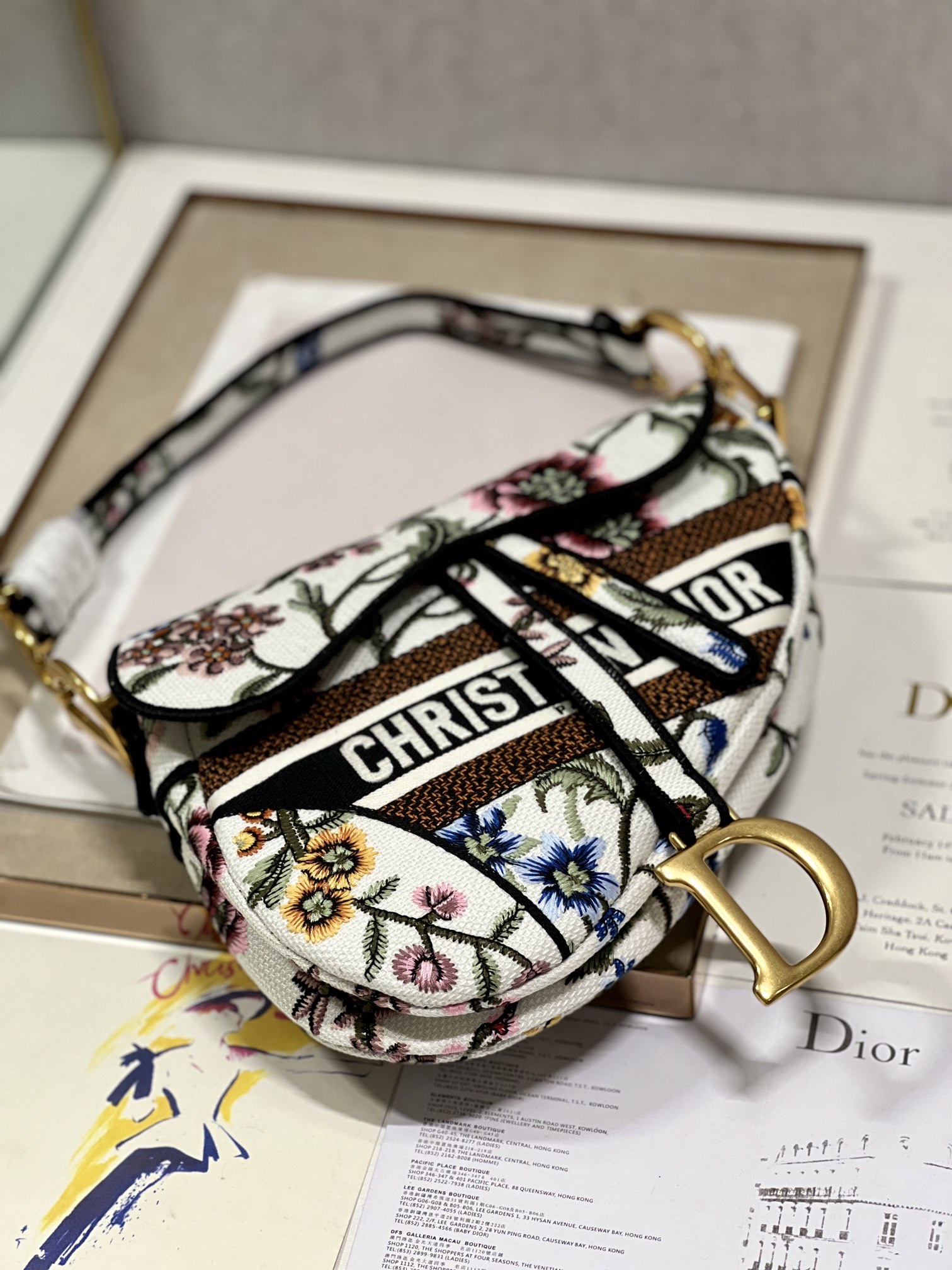TOP Christian Dior Saddle Bag 25 cm - Flowers White